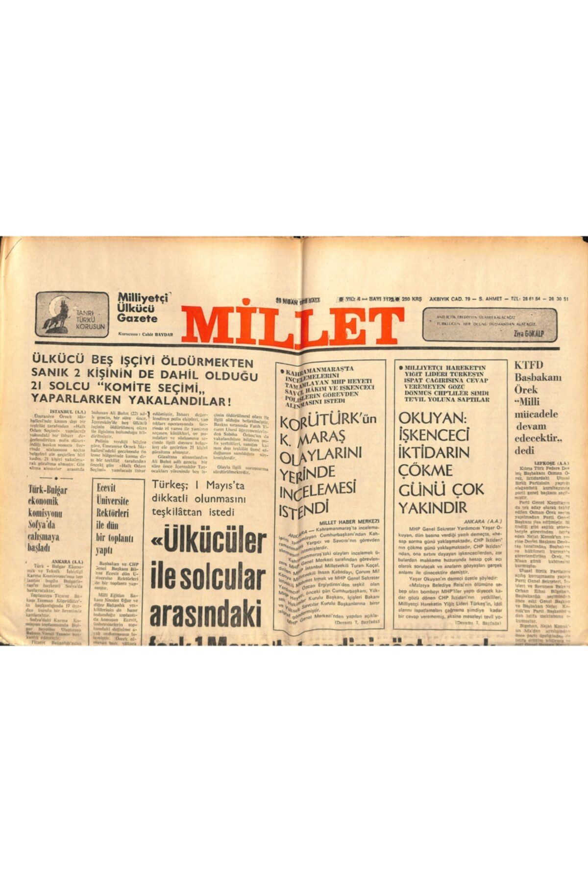 Gökçe Koleksiyon Millet Gazetesi 25 Nisan 1978