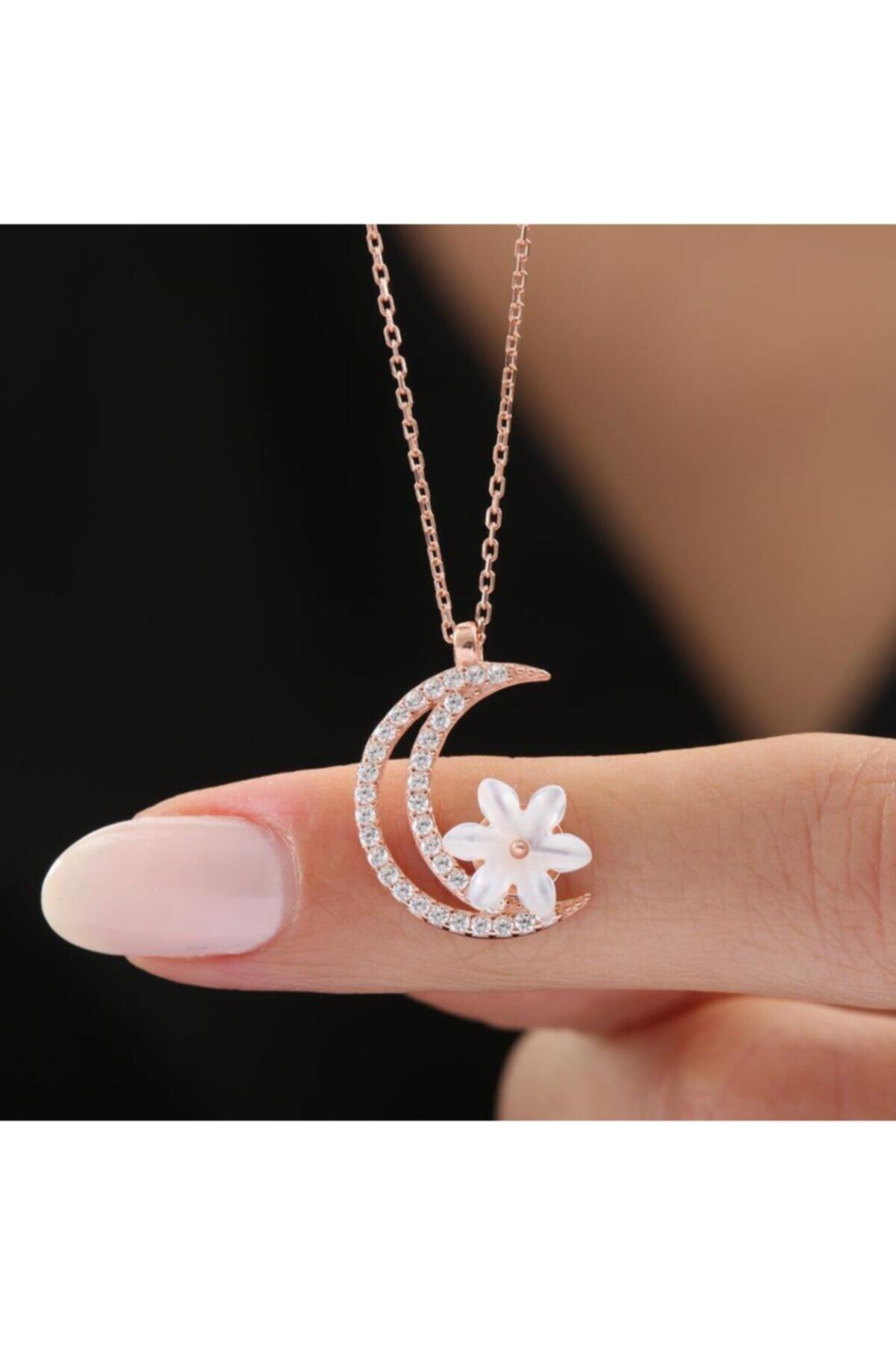 Mia Vento Asil Hilal Manolya Çiçeği Rose Renk Flowers Gümüş Kolye