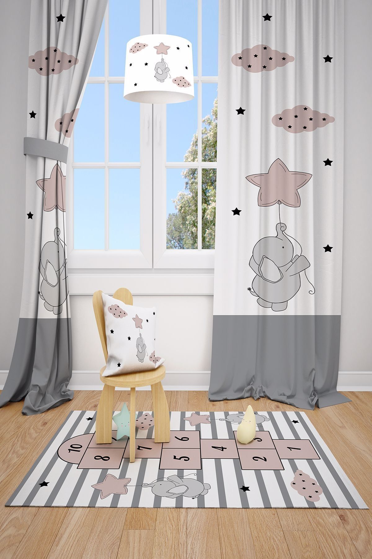 MEKTA HOME Gri Elephant Çocuk ve Bebek Odası Fon Perdesi 2 Kanat