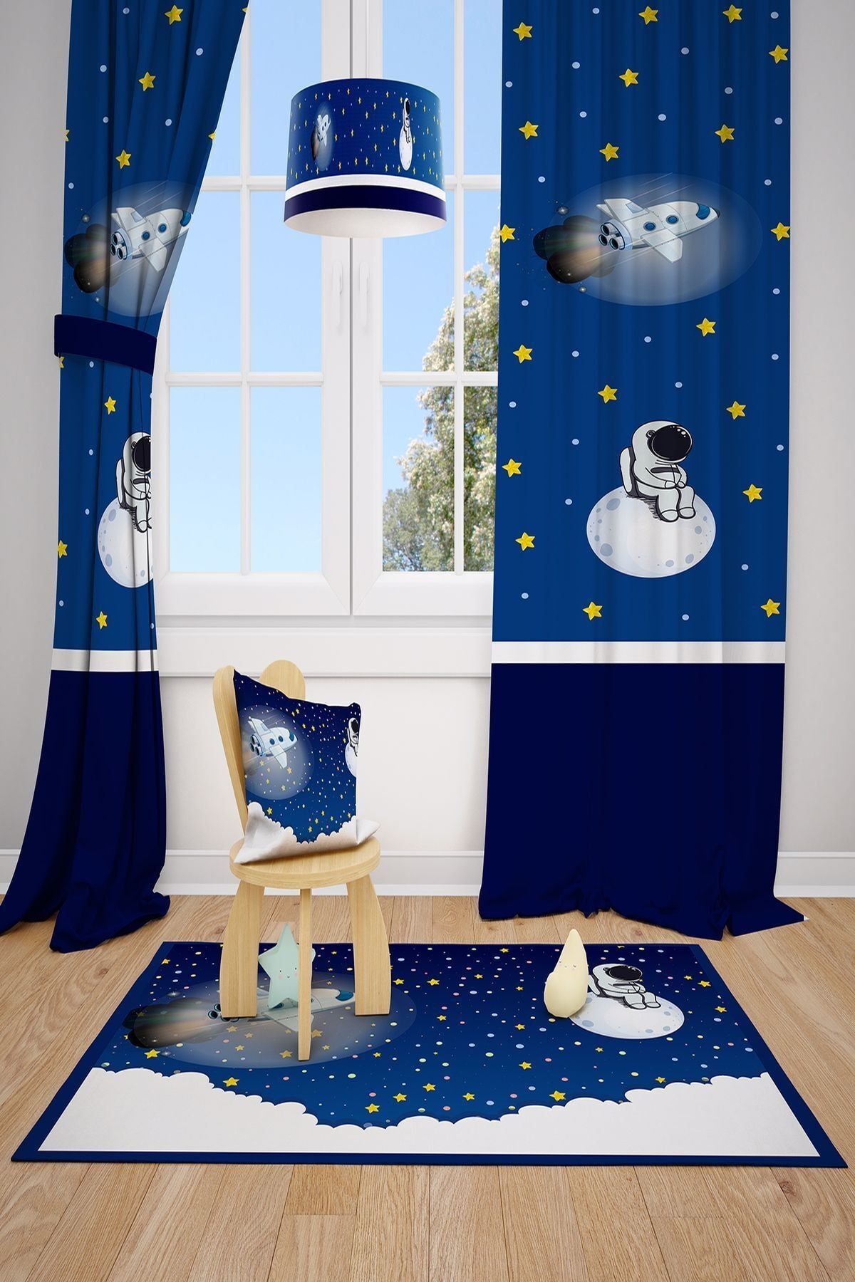 MEKTA HOME Astronot Uzay Spacex Çocuk Ve Bebek Odası Fon Perdesi 2 Kanat Mkt-151