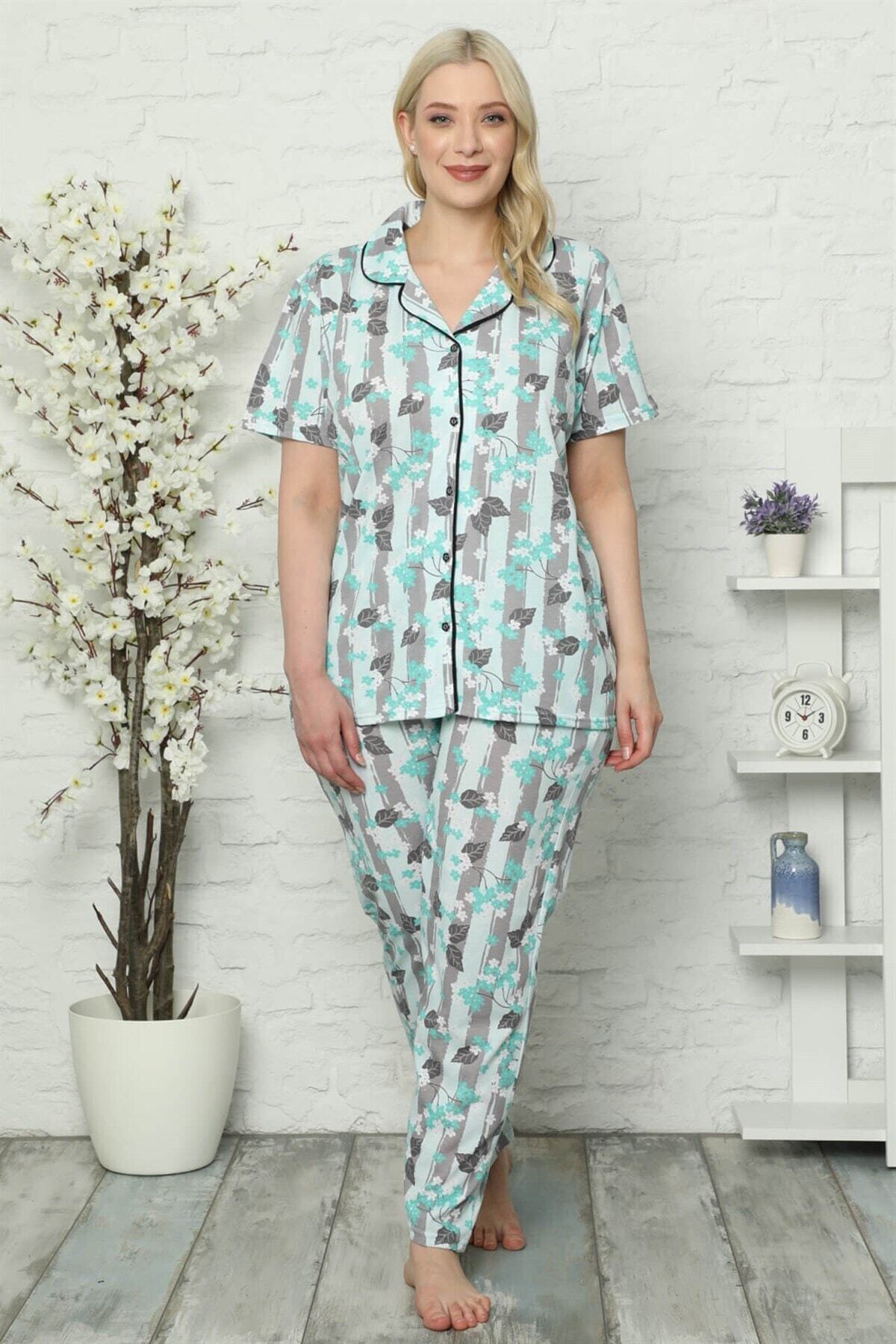 Biriz Moda Kadın Pamuklu Cepli Kısa Kol Büyük Beden Pijama Takım 202026