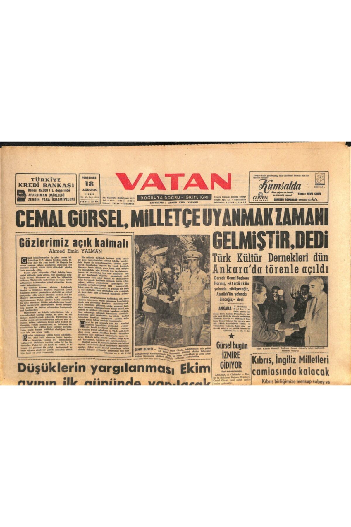 Gökçe Koleksiyon Vatan Gazetesi 18 Ağustos 1960 - Powers Casusluk Yaptığını Dün Yargıç Önünde Itiraf Etti