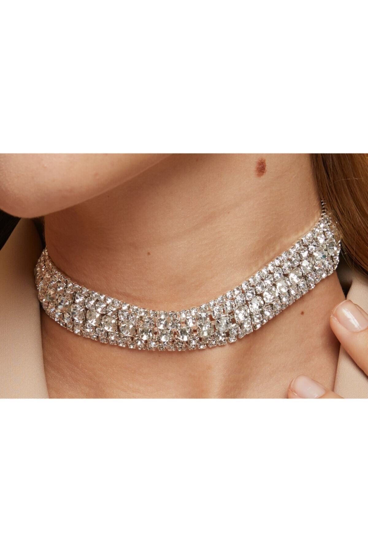 HUBAN Kadın Gümüş Renk Taşlı 5 Sıra Choker Kolye