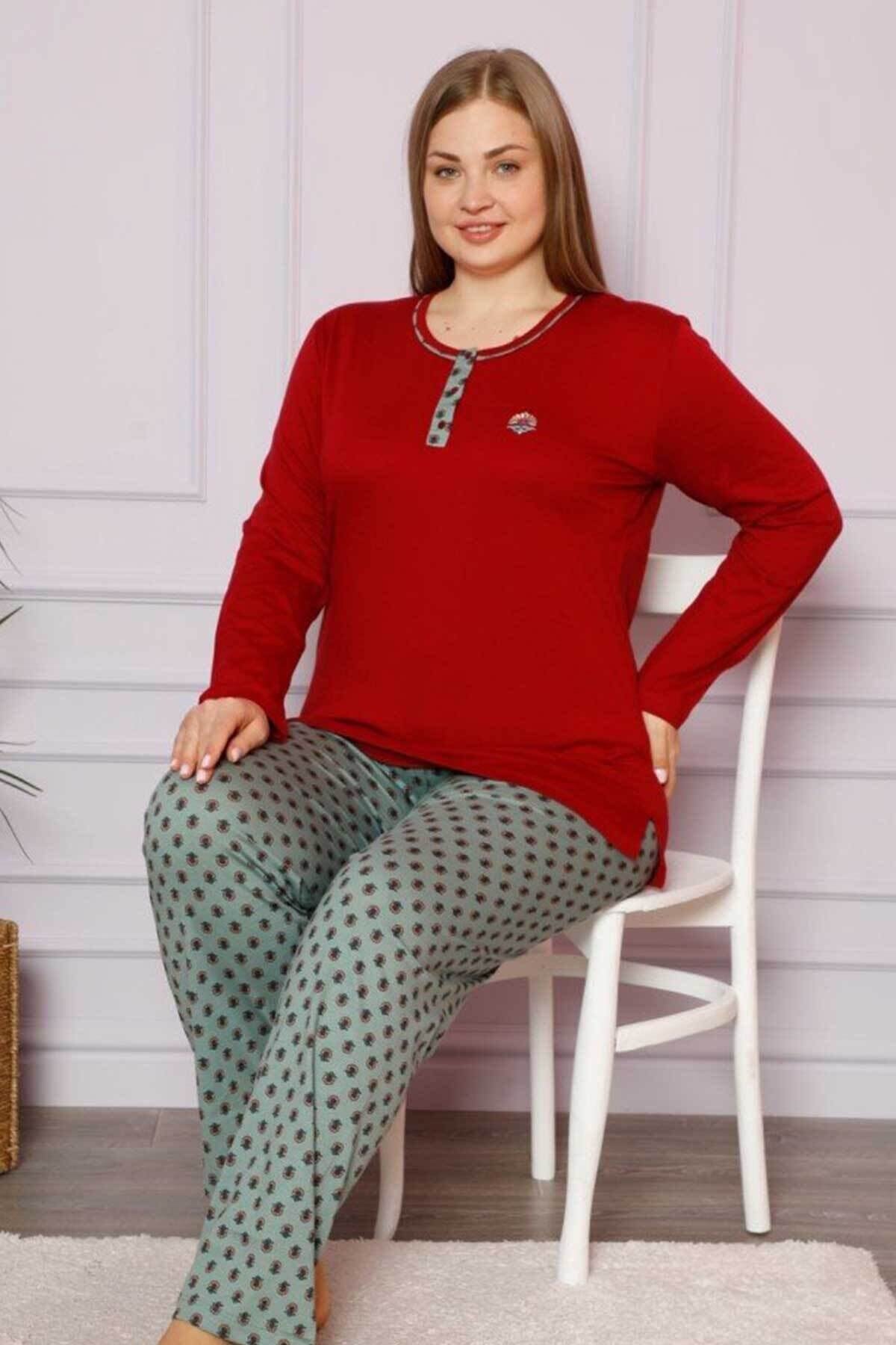 My Fashion World Büyük Beden Bordo Desenli Kadın Pijama Takımı 2634