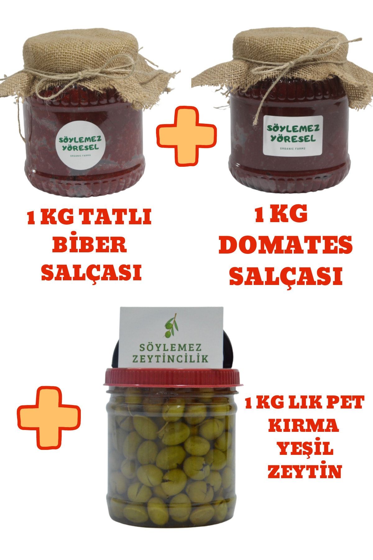 Söylemez Yöresel 3 Lü Paket (1 Kg Lık Pet Kırma Yeşil Zeytin + 1 Kg Tatlı Biber Salçası + 1 Kg Domates Salçası)