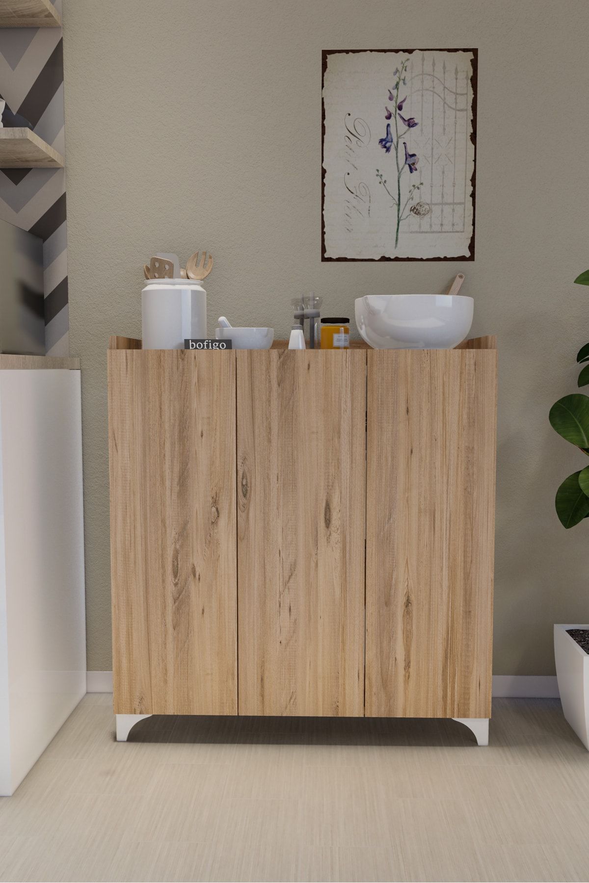 Bofigo 3 Kapaklı Çok Amaçlı Dolap Çok Amaçlı Mutfak Dolabı Banyo Dolabı Ayakkabılık Çam