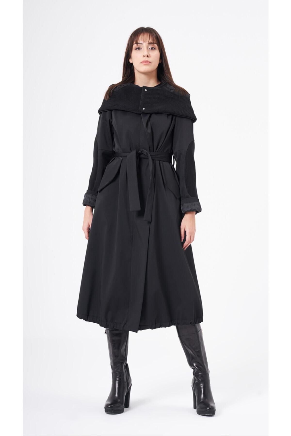 MissWhence Özel Tasarım Siyah Kısa Pardesü 30501