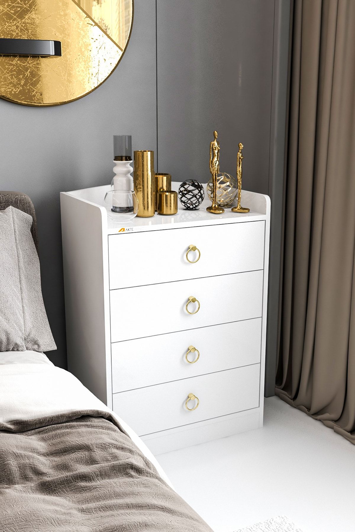 Aktehome White 4 Çekmeceli Şifonyer Gold Kulplu