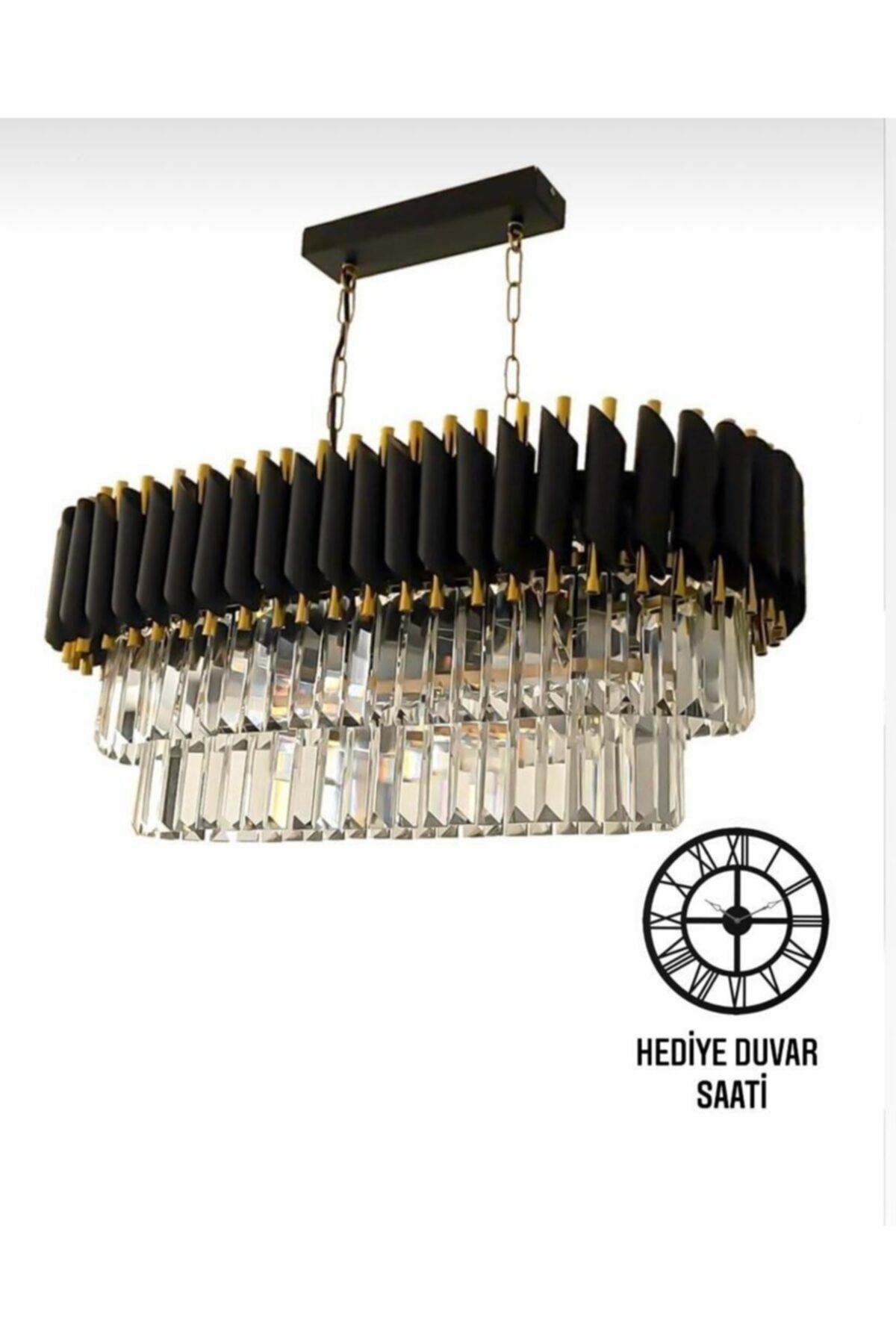 DEKORANLA Kristal Taşlı Lüks Yemek Masası Üstü 6'lı Avize (siyah-gold) 75x90 Cm