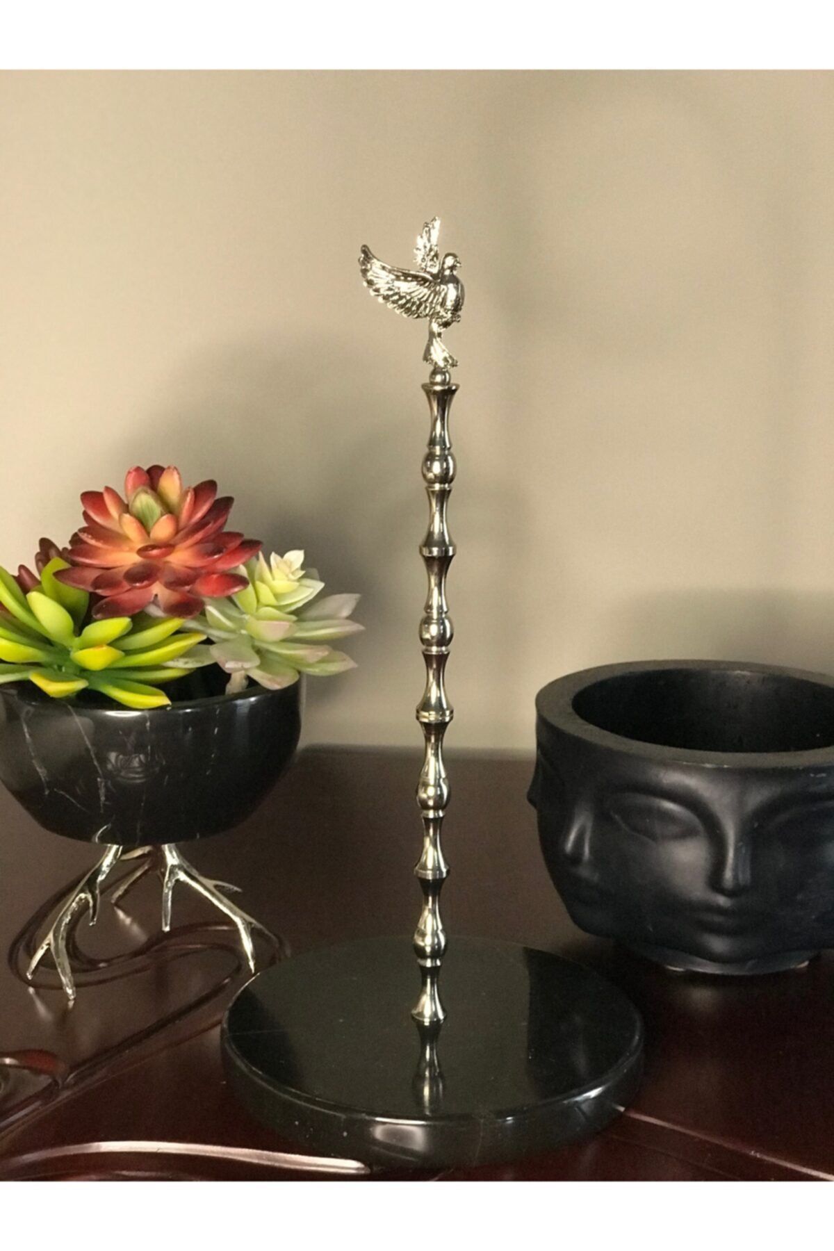 MIARIK DESIGN & DEKORASYON Siyah Mermer Kuş Peçetelik Havluluk (gümüş)