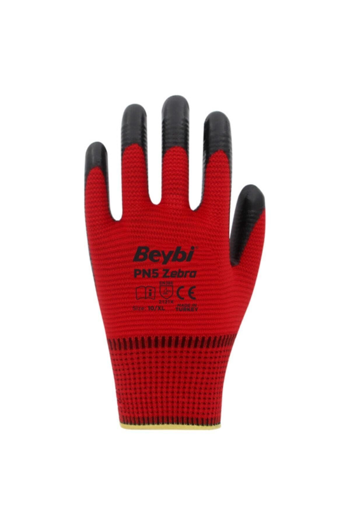 Beybi Pn5 Kırmızı Zebra Polyester Örme Nitril Işçi Eldiveni 12 Çift 10 Numara