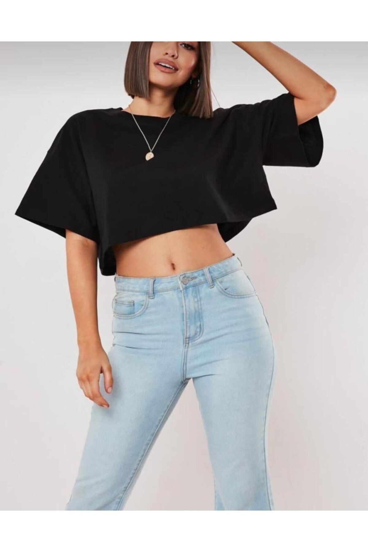 S&R FASHION Siyah Crop Basıc Tsırt