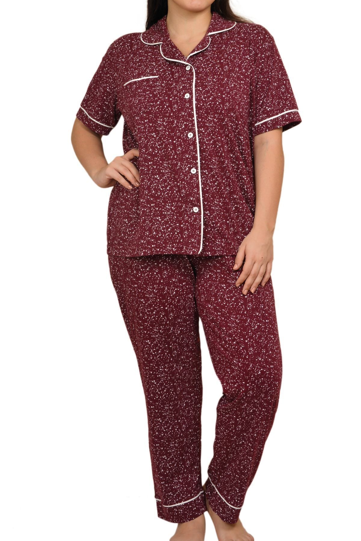 Nicoletta Bordo Kadın Pijama Takımı Düğmeli Kısa Kollu Büyük Beden Cepli Likralı