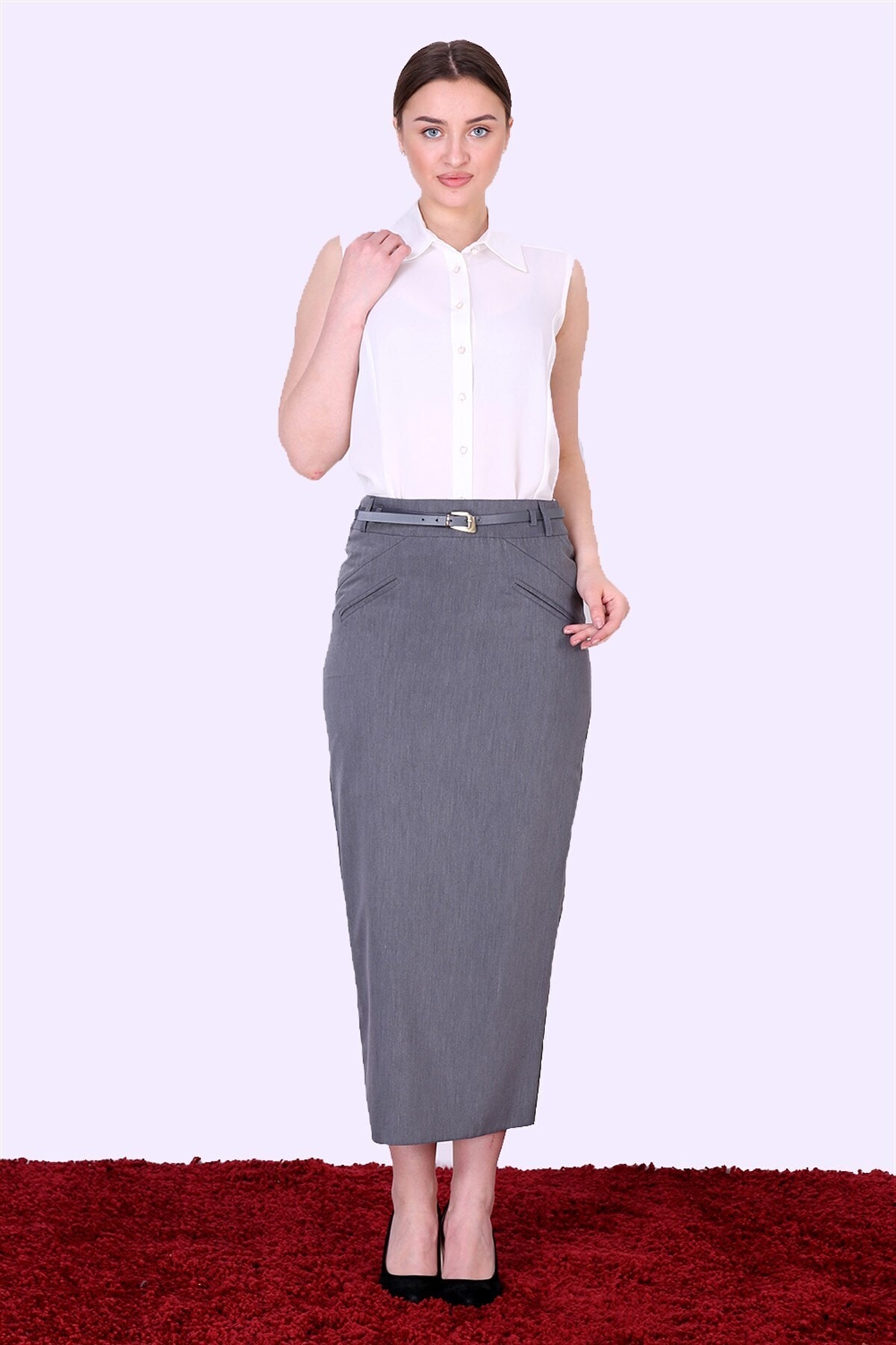 MAY MARA Kadın Mevsimlik Gri Kemerli Cep Detaylı Poliviskon Tesettür Etek 1933/90