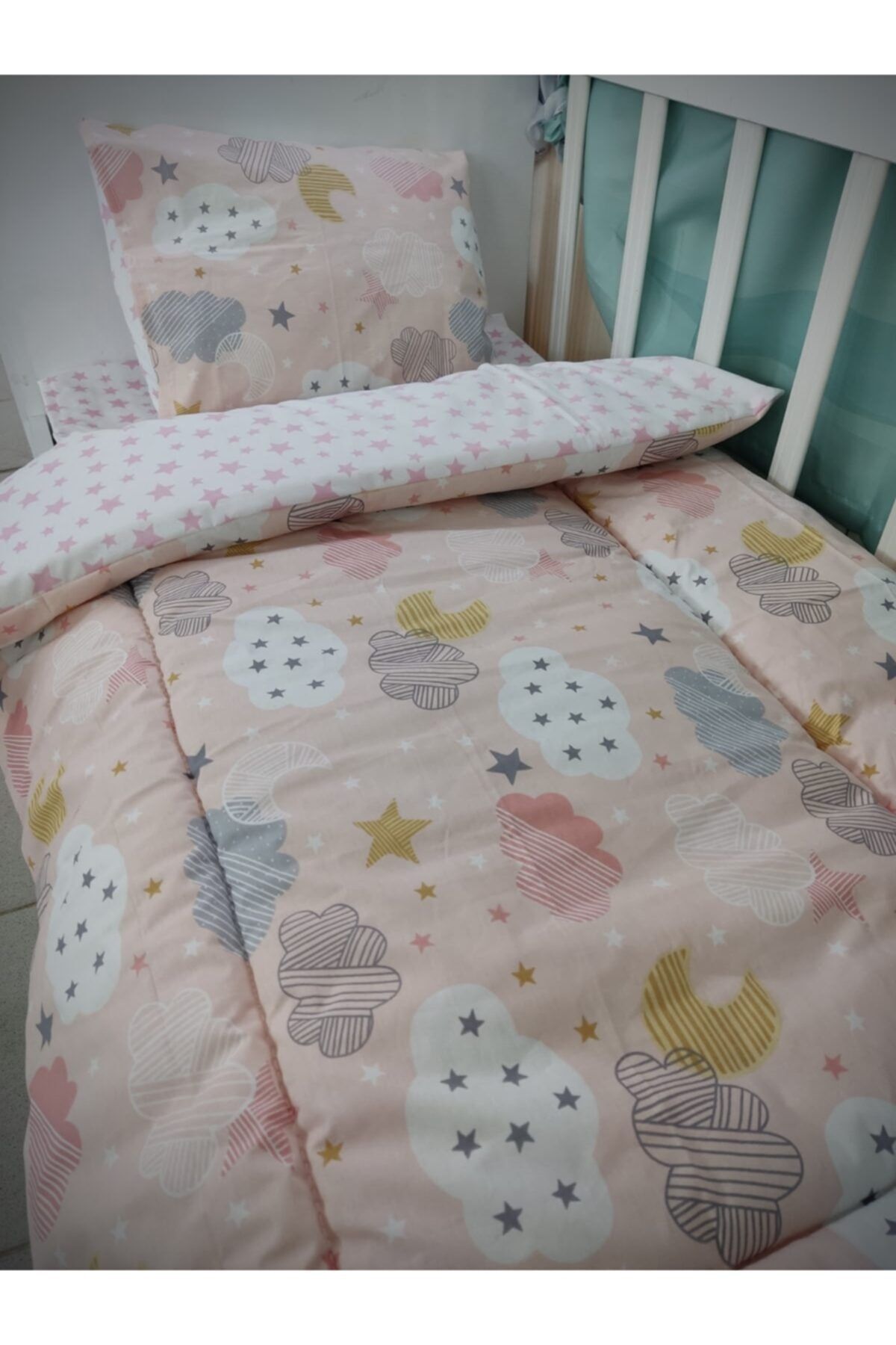 Bebek Özel Pamuklu Bebek/çocuk 70x130 Yastık Çarşaf Yorgan Somon Ay Bulut Pembe Yıldızlı