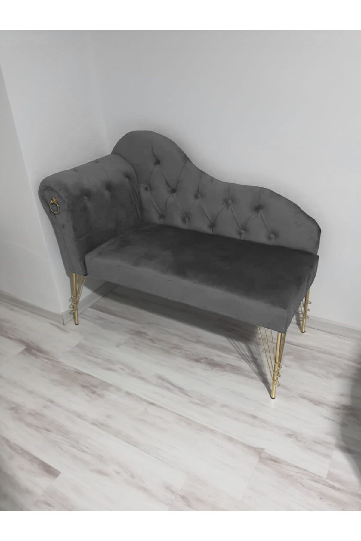 Sepetten Evine 110 cm Gri Renk Yeni Nesil Köşe Koltuğu Josefin Bench Puf Metal Gold Ayak
