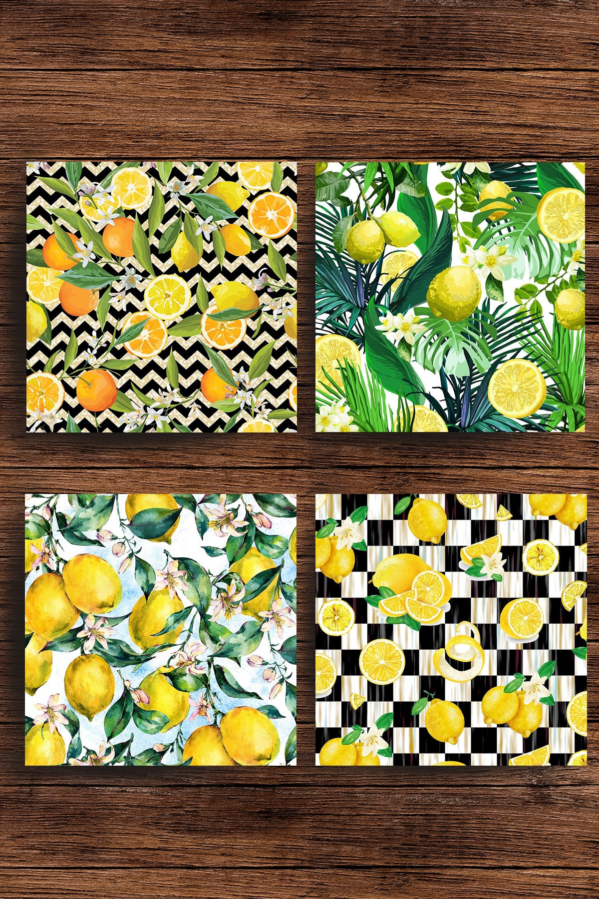 Begoloni Baskılı Doğaltaş Bardak Altlığı 4'lü Set - Doğal Taş Bardak Altı Limon Desenleri