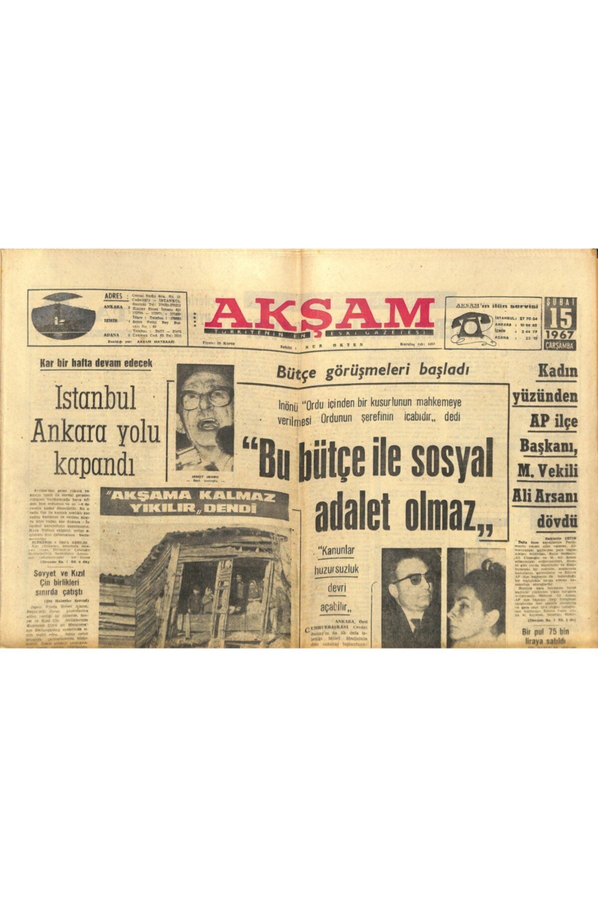 Gökçe Koleksiyon Akşam Gazetesi 15 Şubat 1967 - Kadın Yüzünden Ap Ilçe Başkanı,m. Vekili Ali Arsanı Dövdü