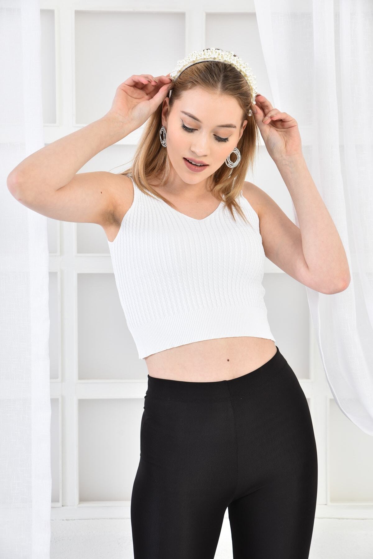 Park Karon Kadın Kalın Askılı V Yaka Saç Örgü Corp Triko Bluz