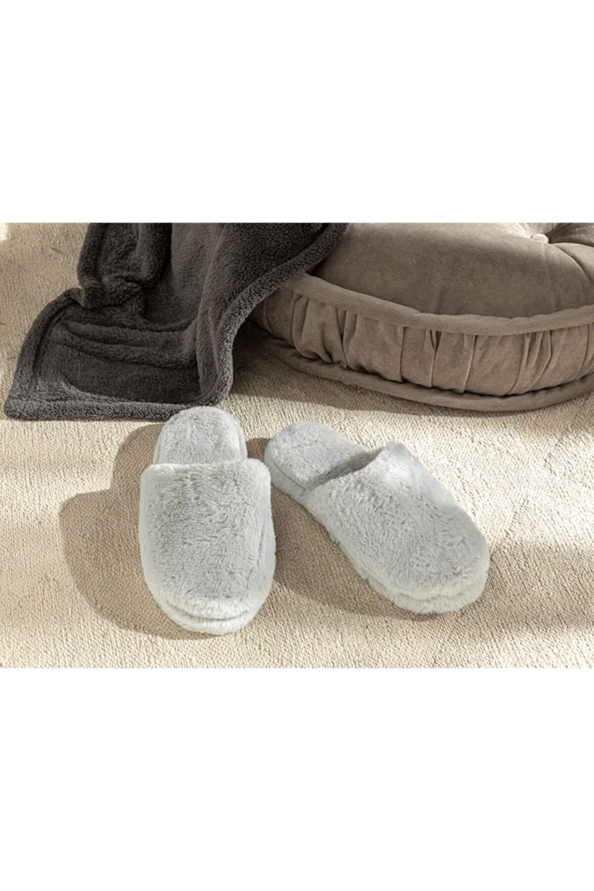 English Home Fluffy Peluş Kadın Ev Terliği 36 Gri
