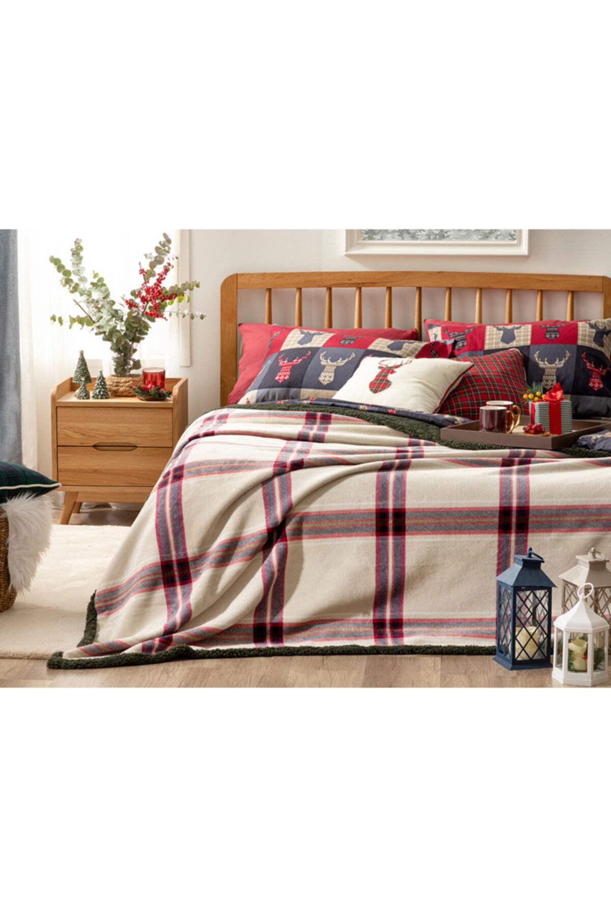 English Home Windowpane Sherpa Çift Kişilik Battanıye 200x220 Cm Bej - Kırmızı