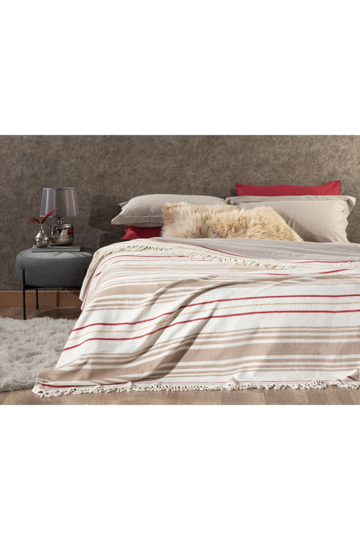 English Home Royal Stripes Simli Pamuklu Çift Kişilik Battaniye 200x220 Cm Bej – Kırmızı-yılbaşı Özel