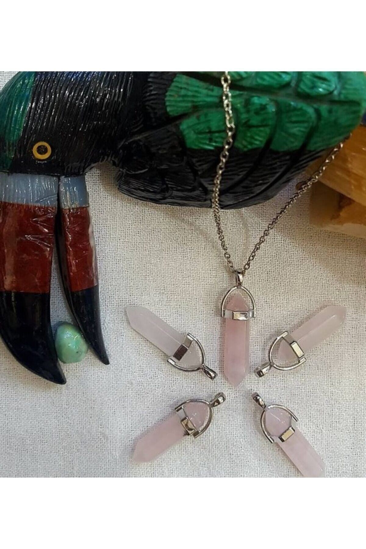 Gümüştel Pembe Kuvars Doğal Taş Pandül Kolye