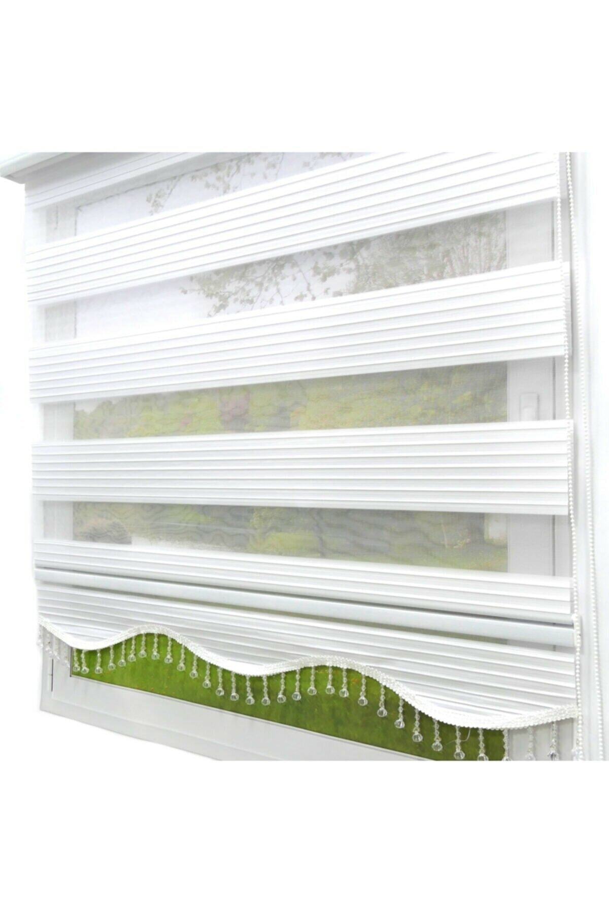 Arzey Home Beyaz Pliseli Zebra Stor Perde Dilimli Boncuklu Slmbpb01