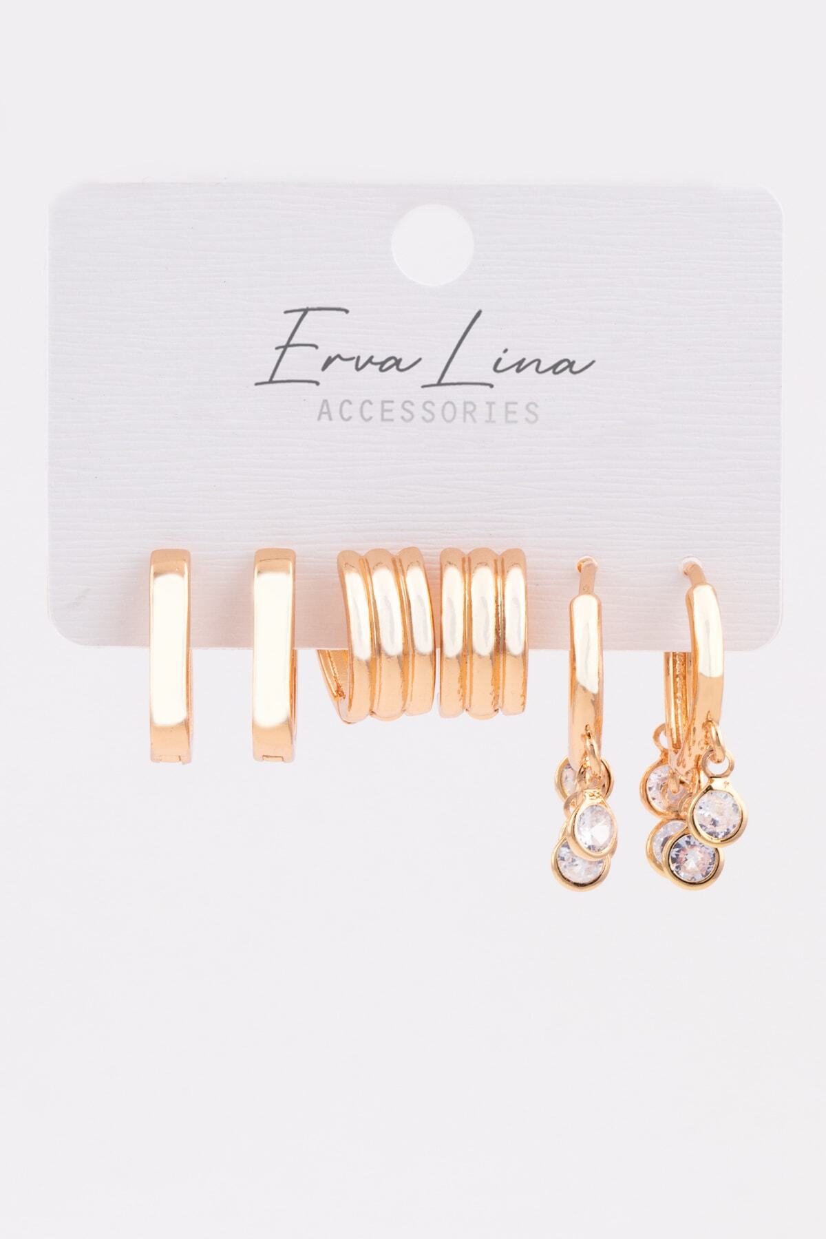 Ervalina Zirkon Taşlı 3 Çift Kombin Set Küpe