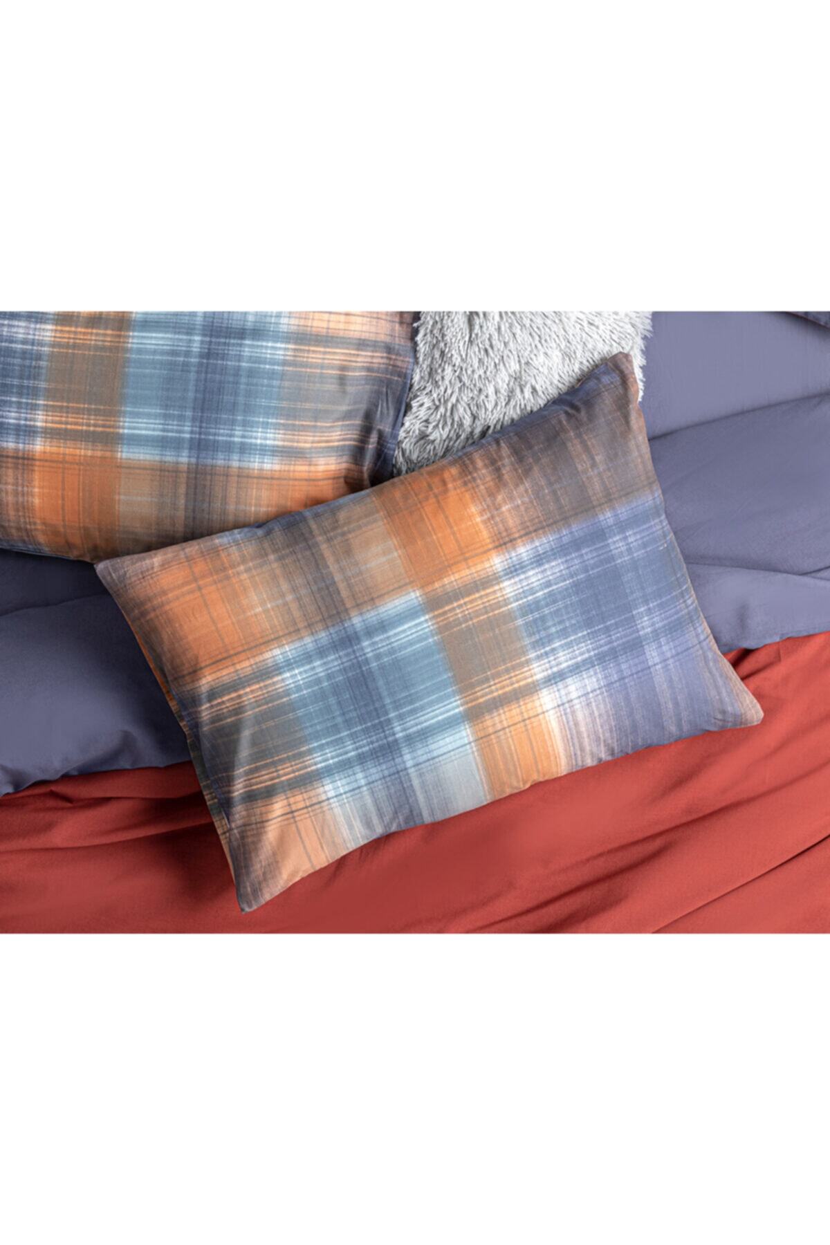 English Home Flowing Plaid Pamuklu 2'li Yastık Kılıfı 50x70 Cm Lacivert - Kiremit