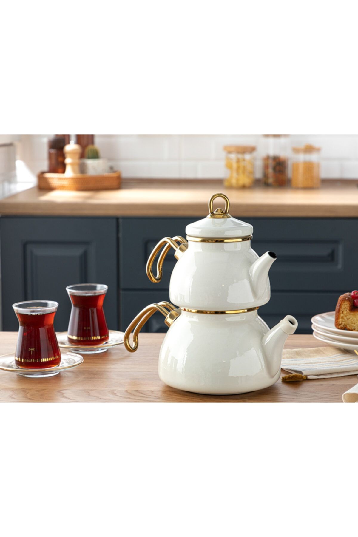 English Home Perro Emaye Mini Çaydanlık 0,5 Lt + 1 Lt Beyaz