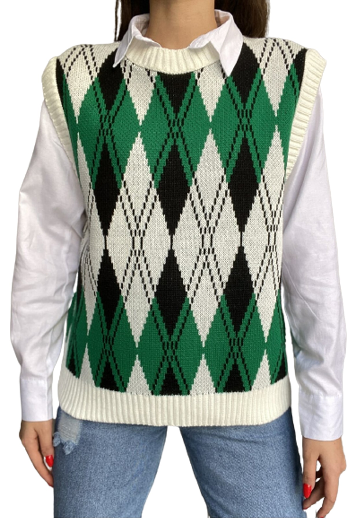 KYLE XM Kadın Ekose Süveter Krem Yeşil V Yaka Triko