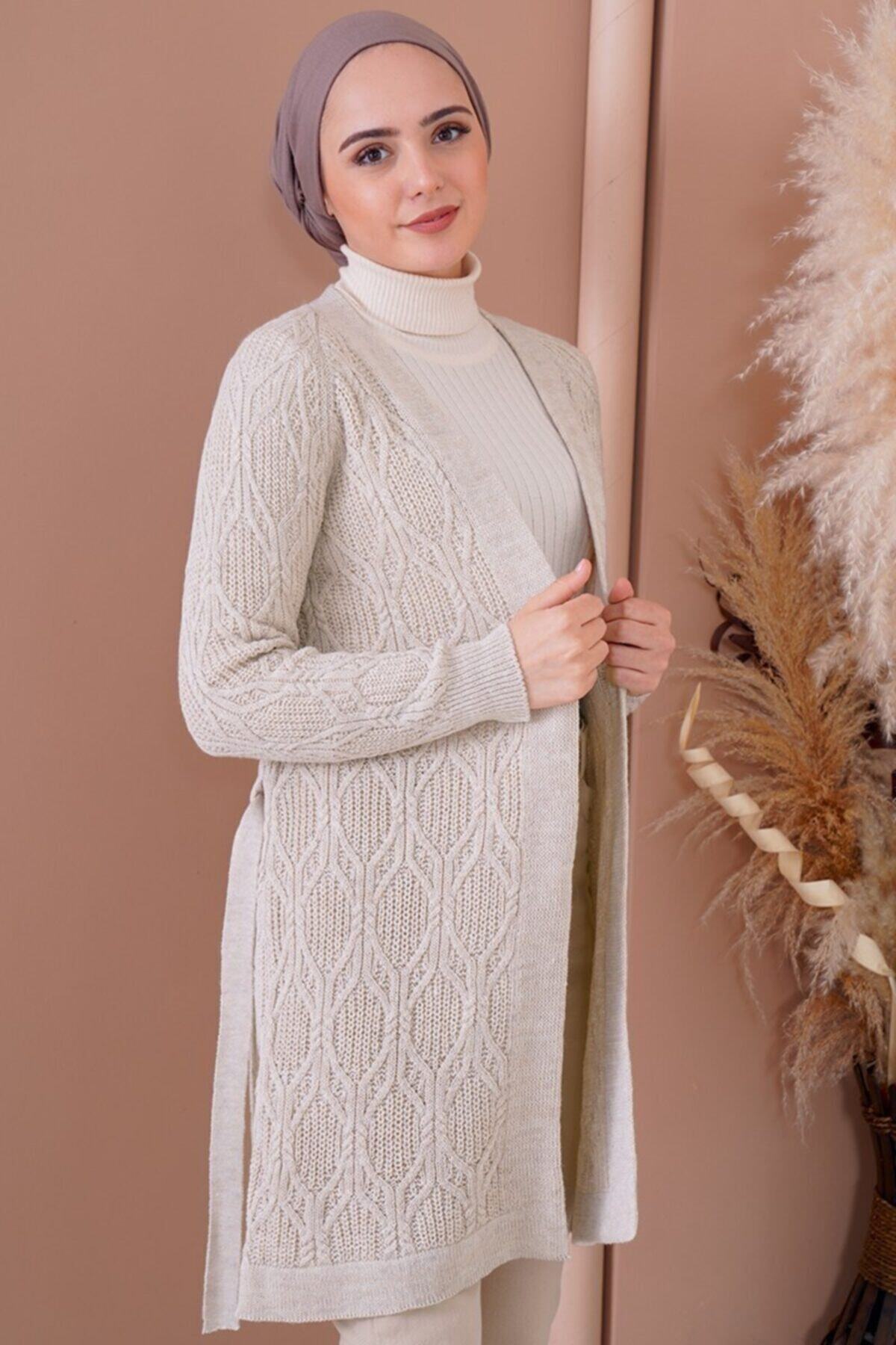 Afilva Kadın Örgü Detaylı Kuşaklı Taş Triko Hırka