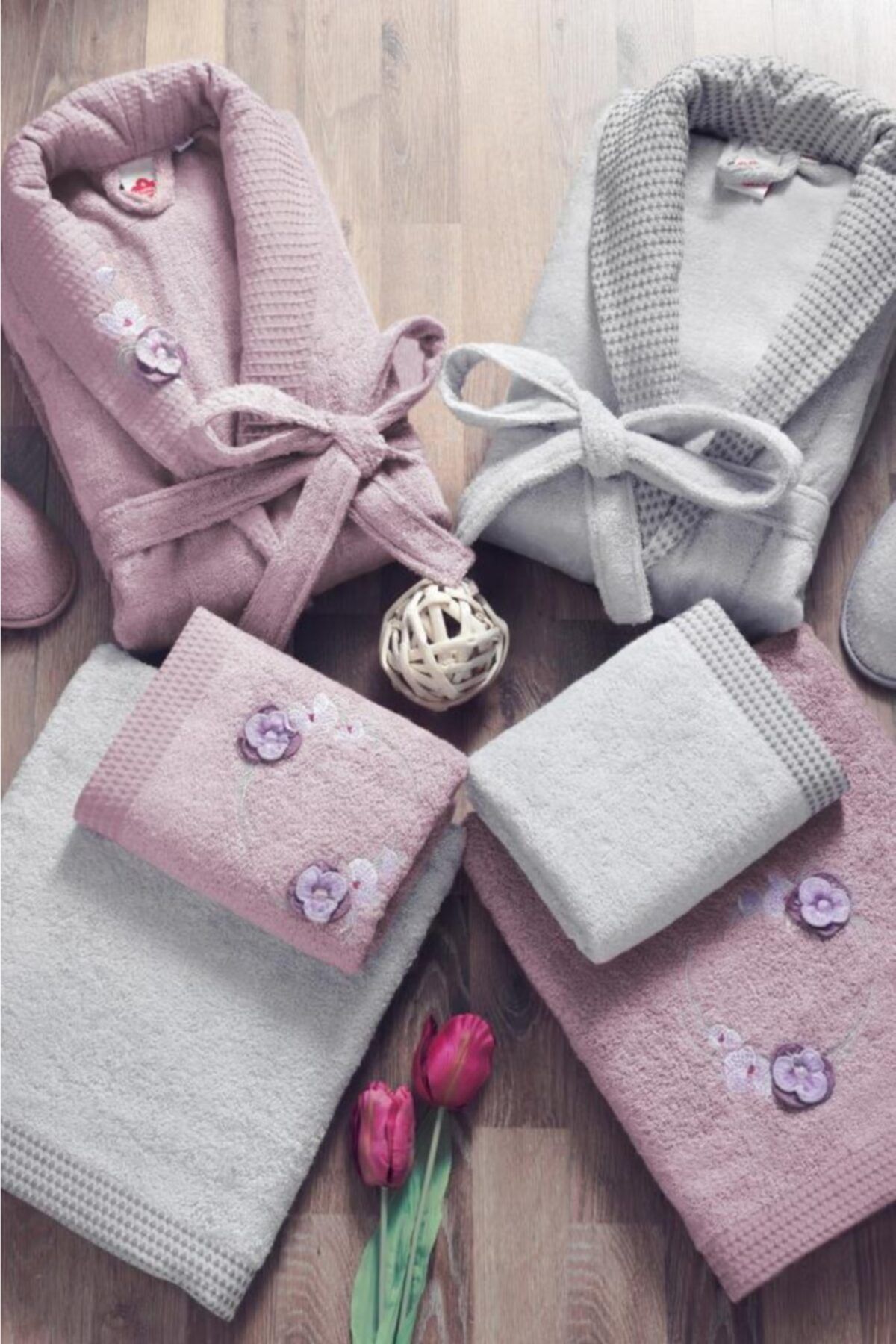 Cotton Box Unisex Mürdüm Gri Bambu 3d Nakışlı Aile Bornoz Seti