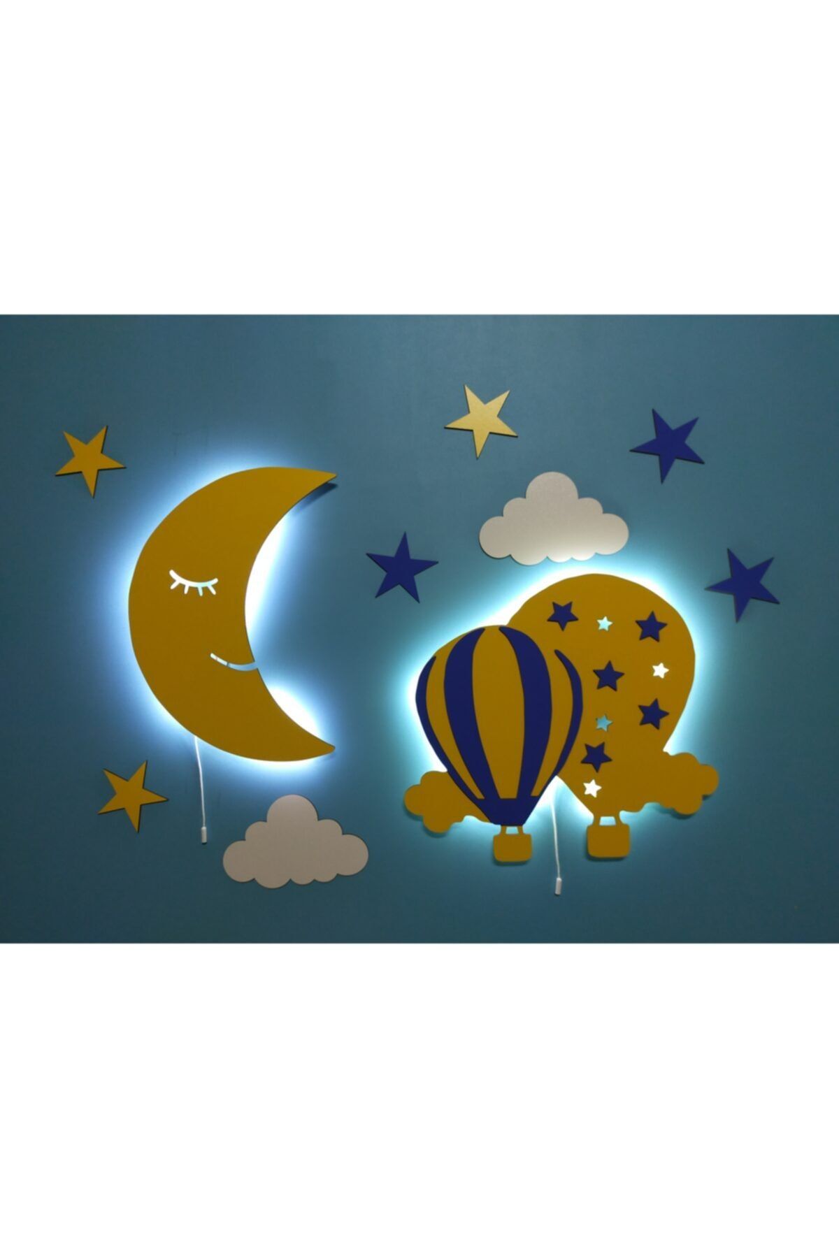 fabrikahşap Dekoratif Ahşap Ay Çiftli Balon Gece Lambası Ledli