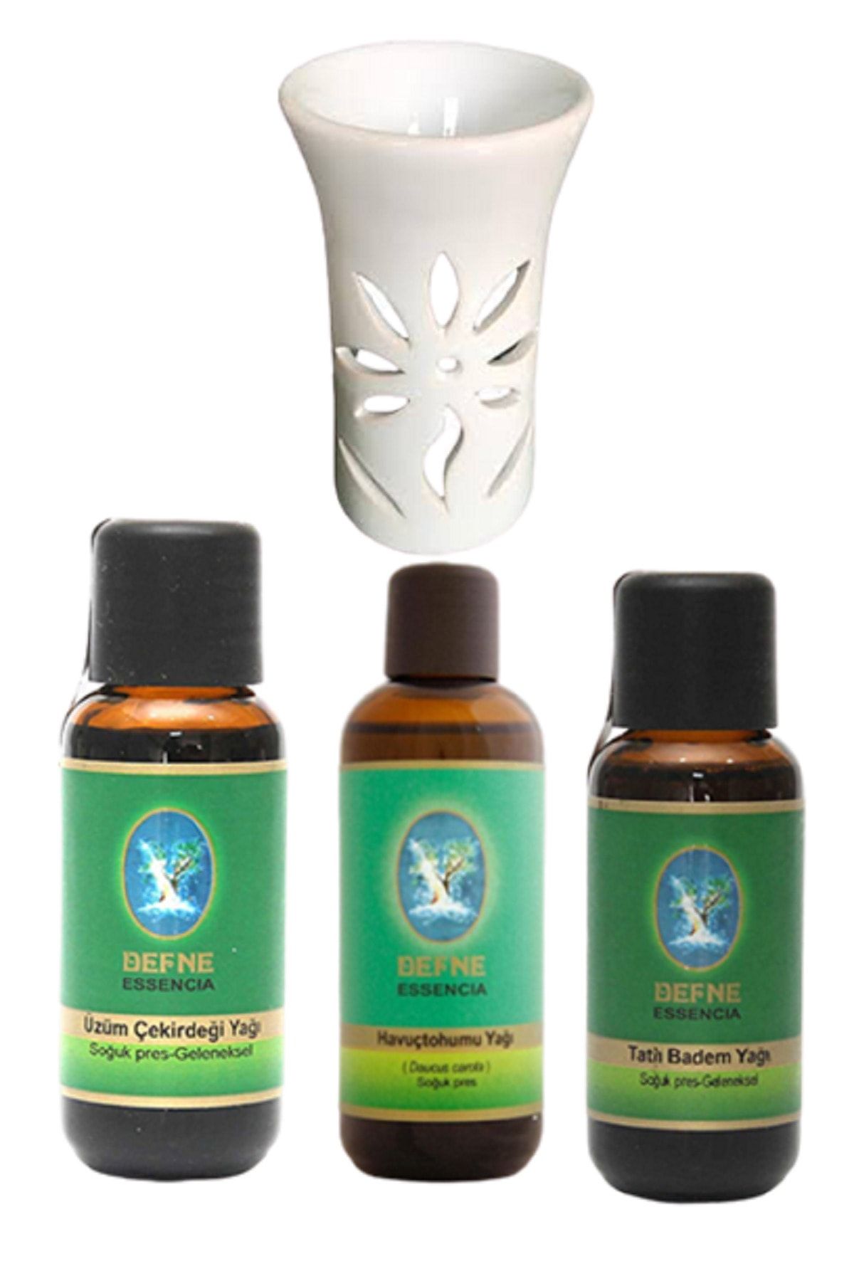 NUKA Buhurdanlık Ve 3'lü Paket Defne Yağ; Üzüm Çekirdeği30ml. Havuç Tohumu30ml Tatlı Badem30ml