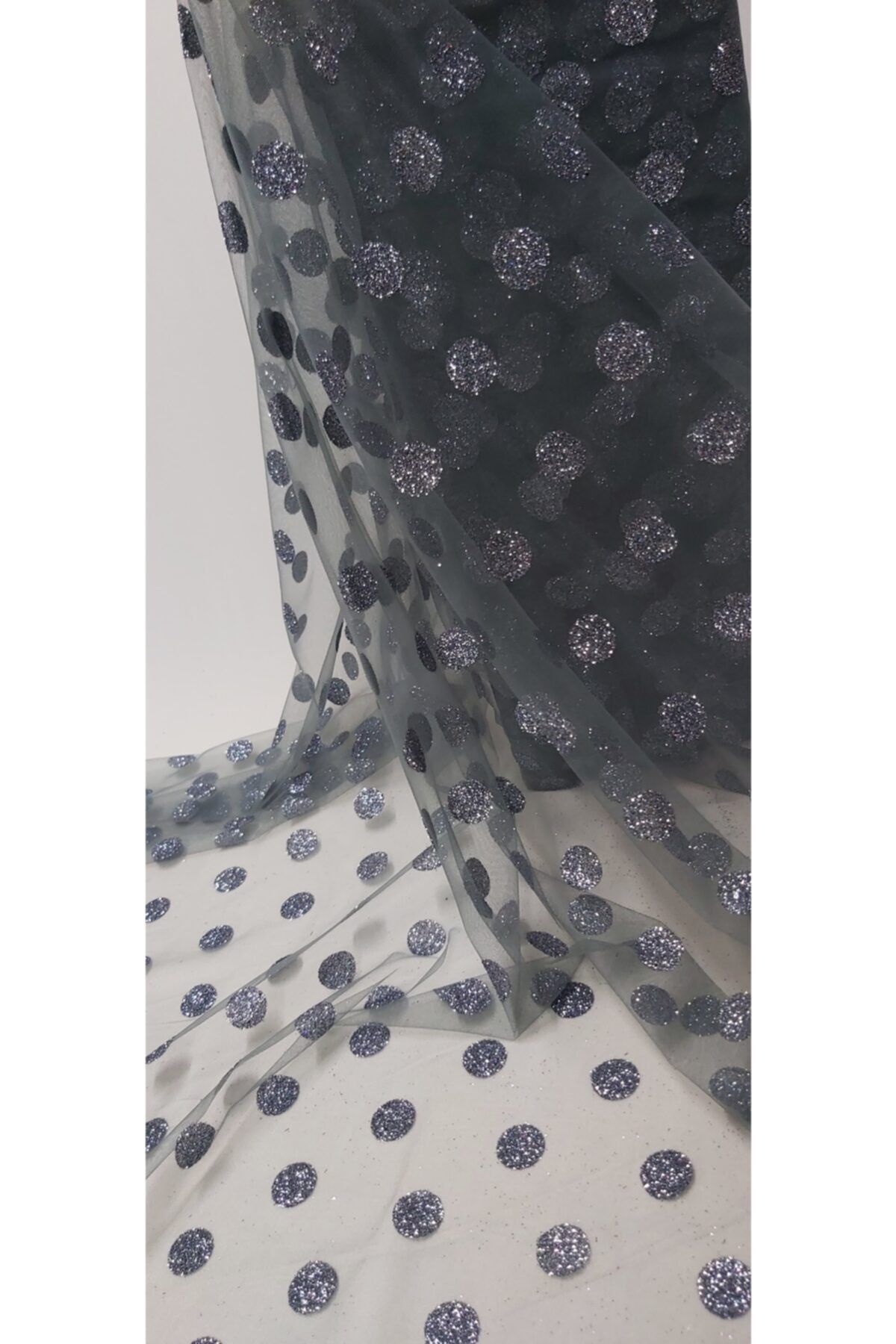 River Fabrics Antrasit Simli Puanlı Tül