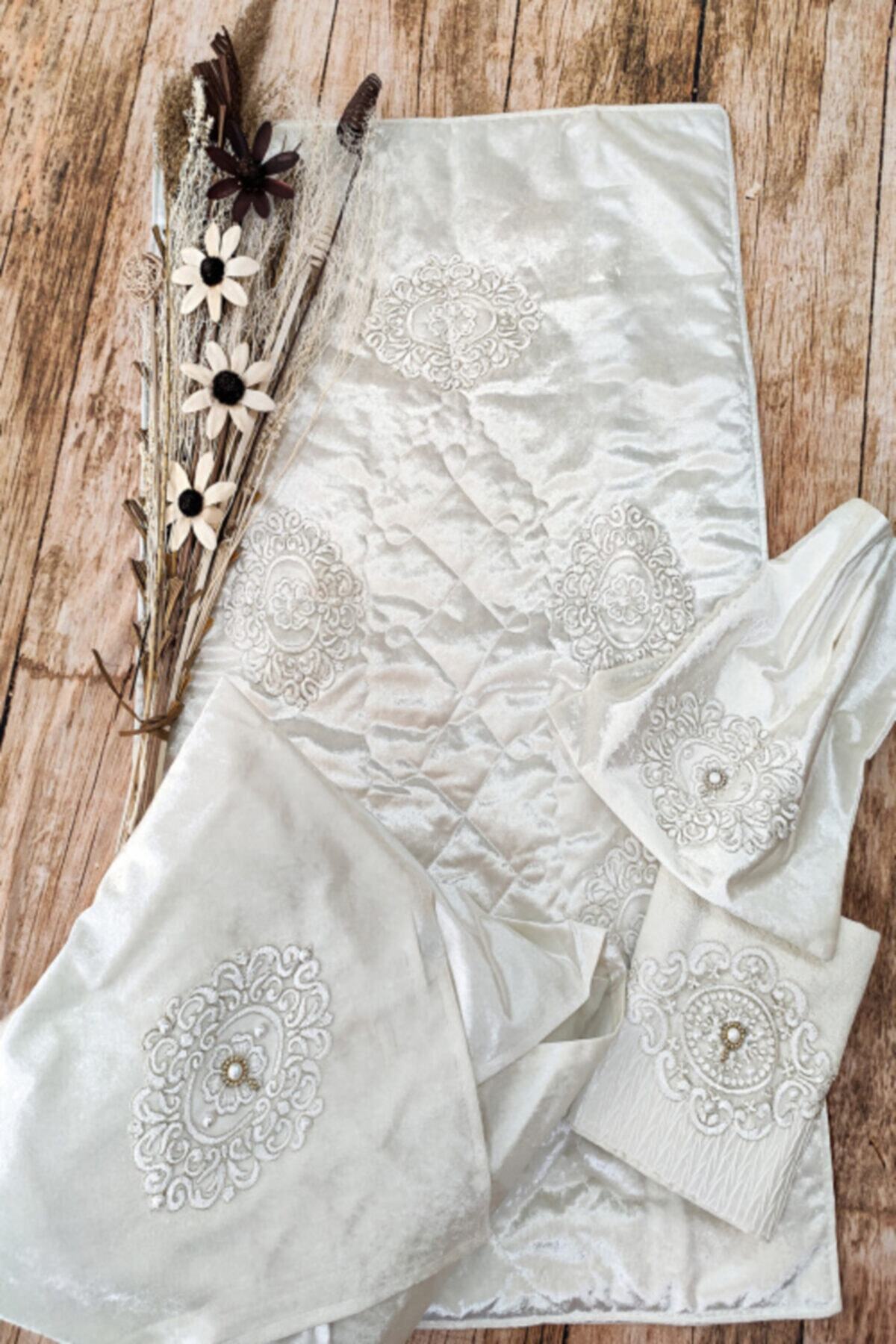 Çt Çeyizci Tekstil Krem Seccade Takımı 4 Parça Sandıksız Set