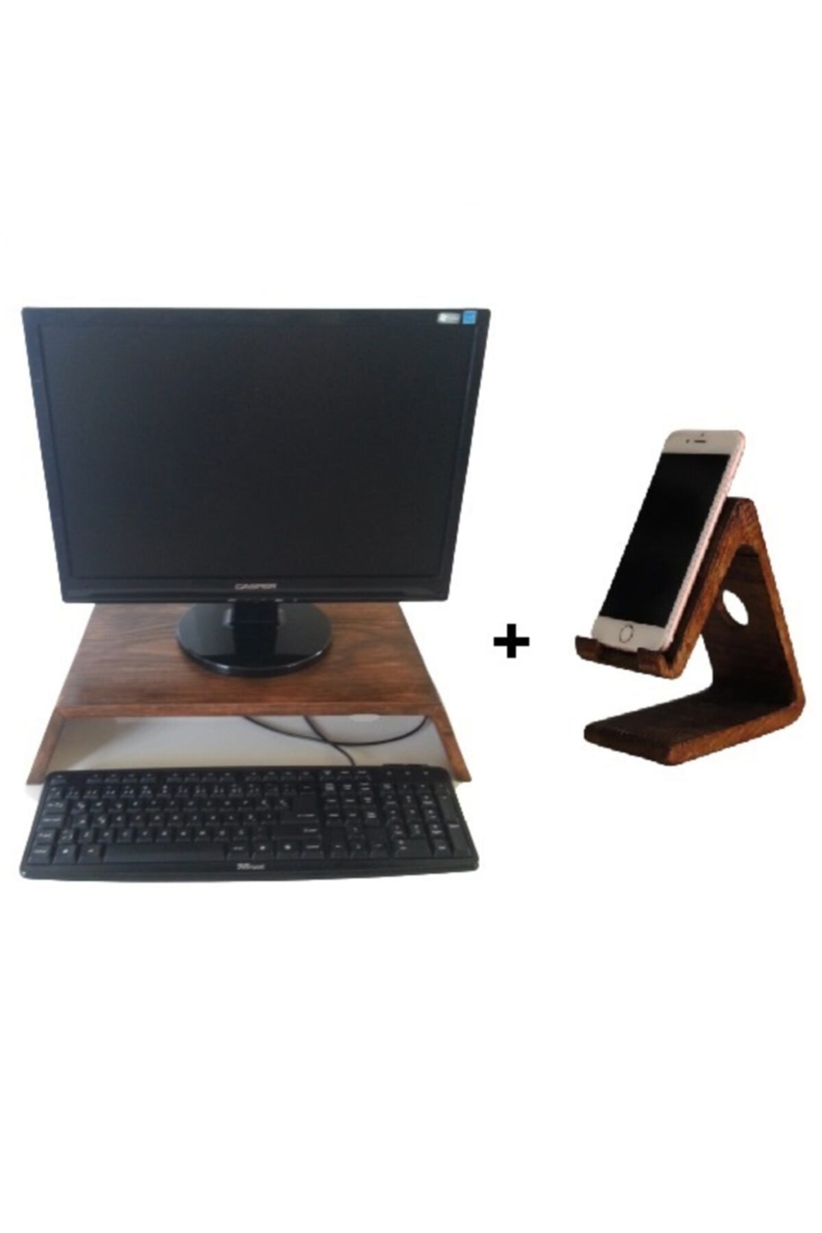 OFİSOLOJİ Ahşap Monitör Standı ve Telefon Standı (ceviz)