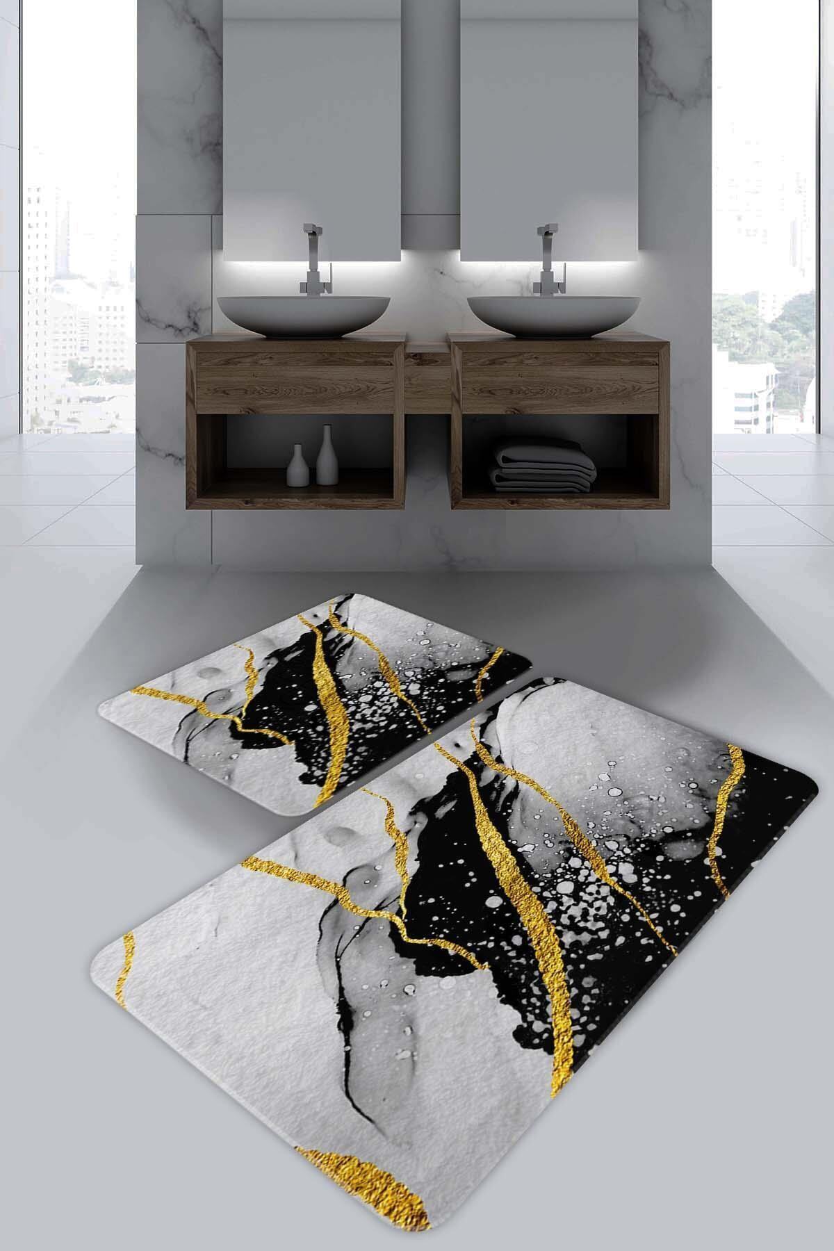 Evsebu Siyah Sarı Karmaşık Desen Banyo Paspası