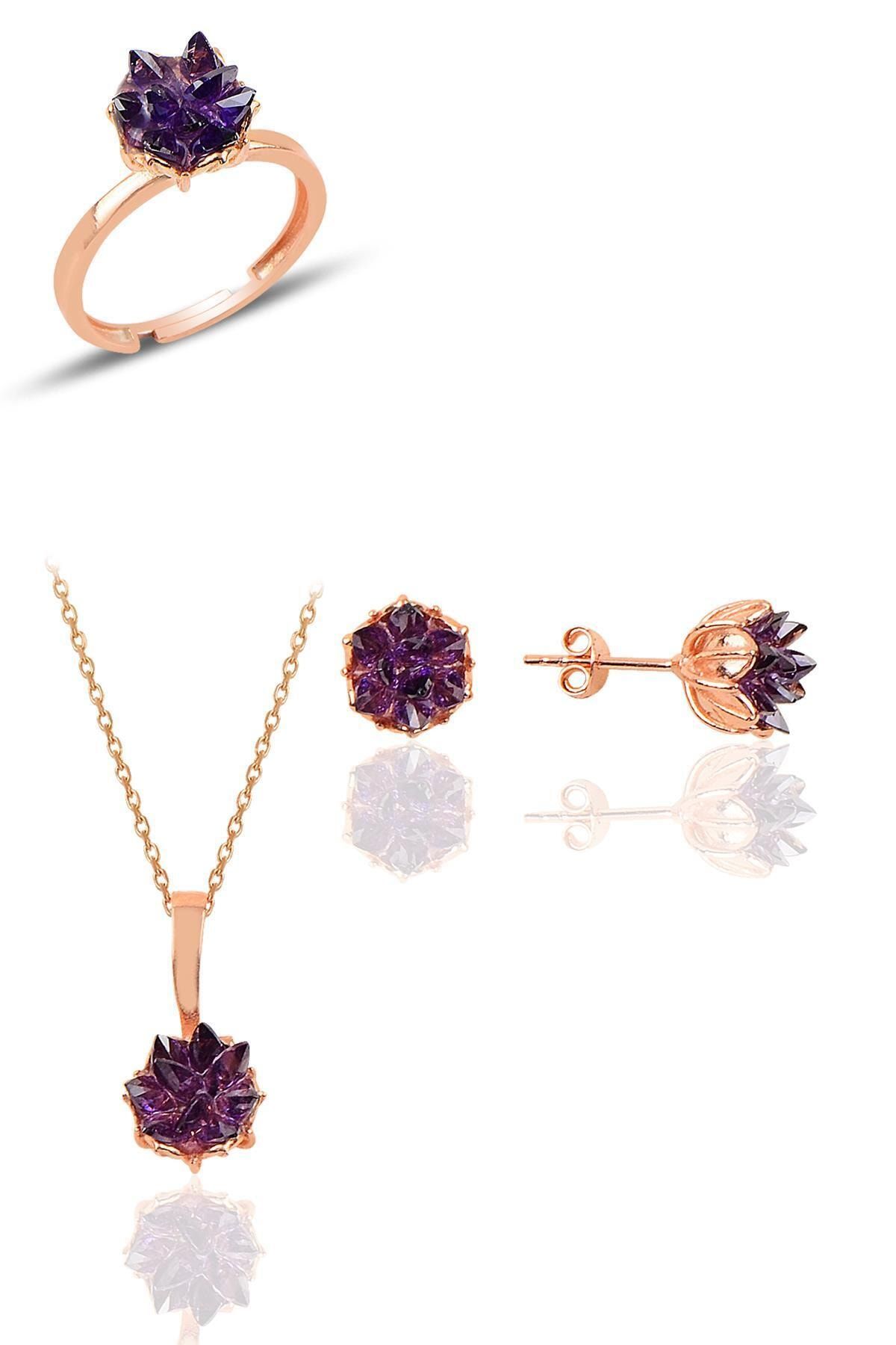 Söğütlü Silver Gümüş Lotus Çiçeği Modeli Amatis Taş Renkli Üçlü Set