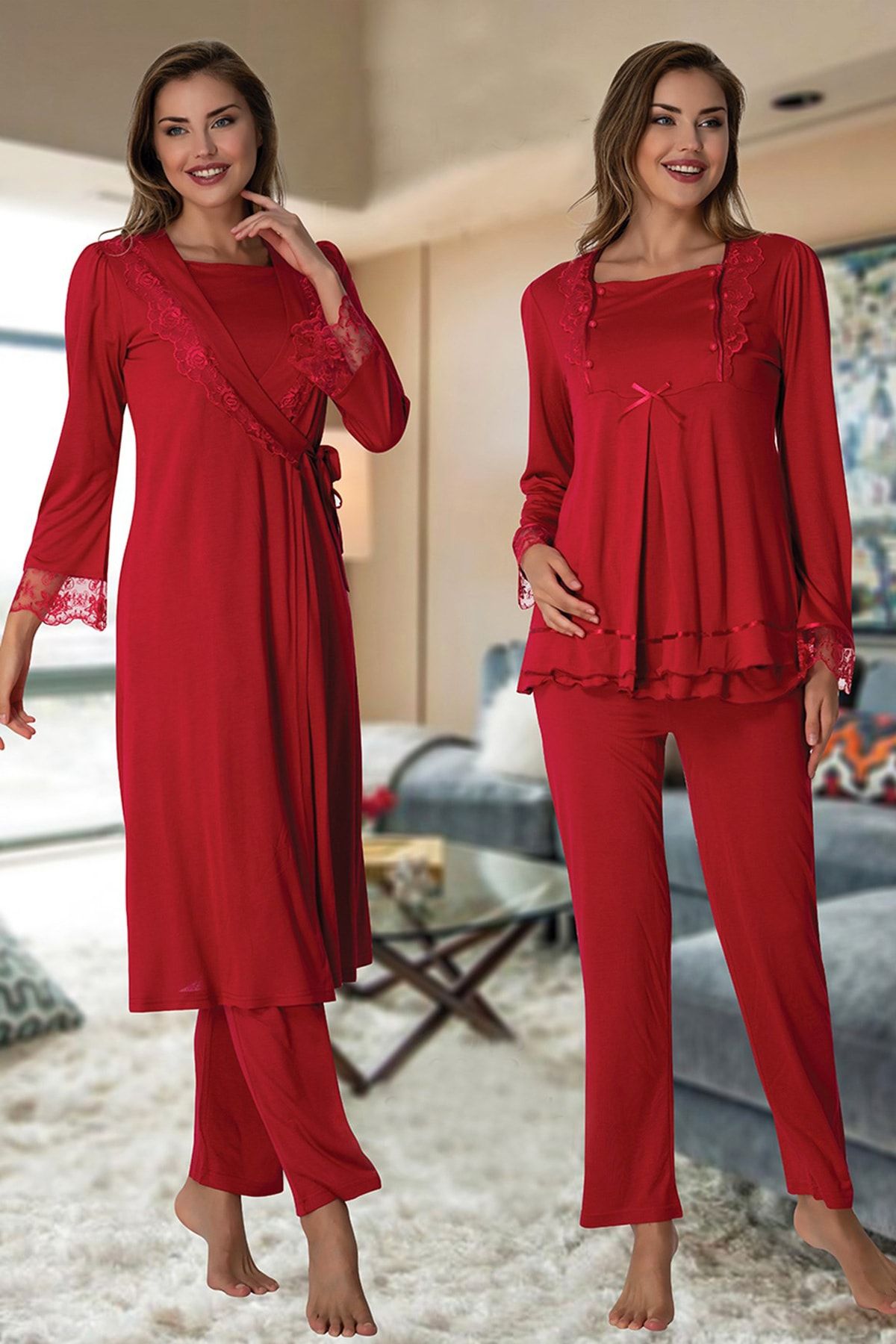 lohusahamile Kadın Bordo Vişne Kolay Emzirme Özellikli Sabahlıklı Lohusa Pijama Takımı 2018