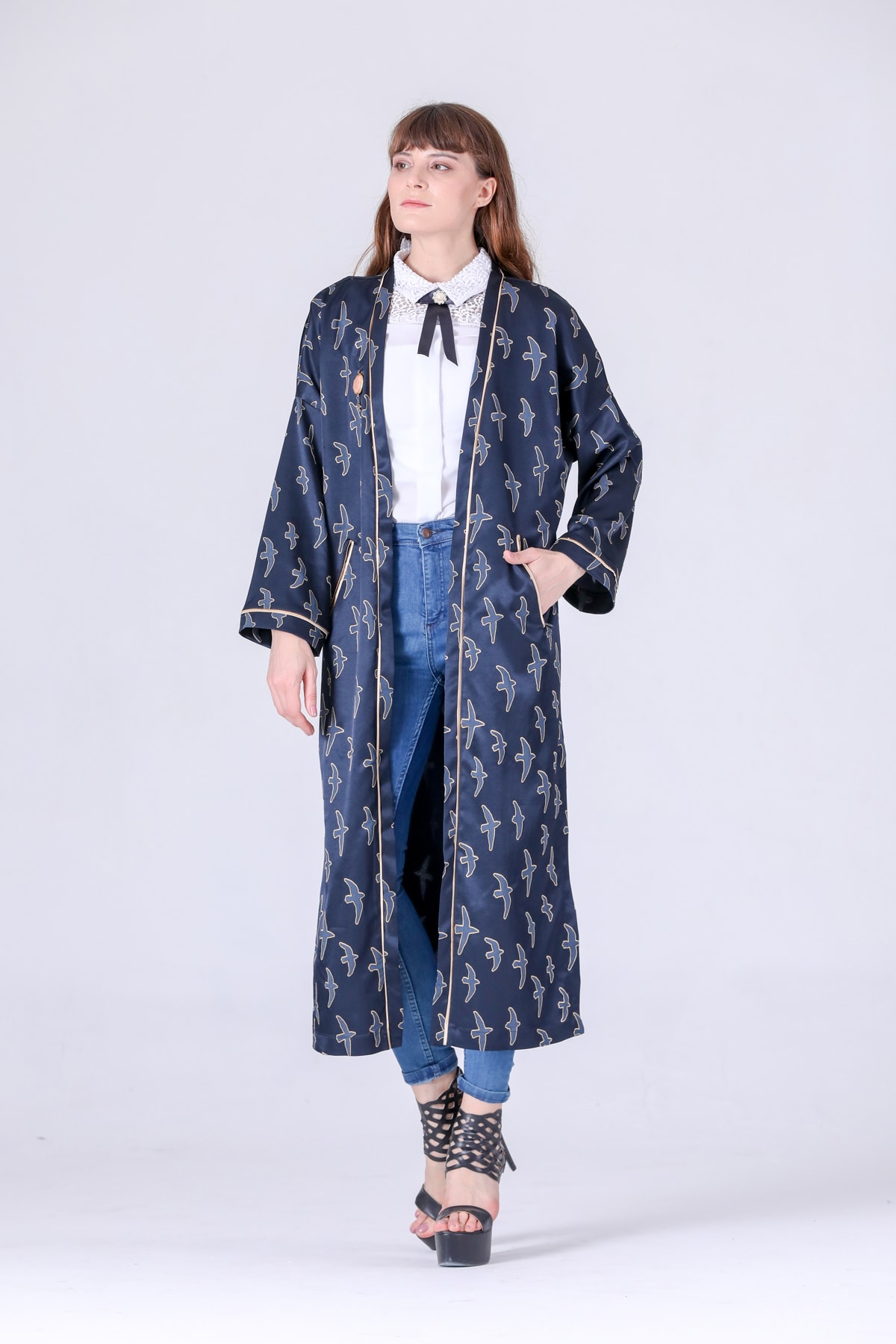 Hanımeller Kadın Lacivert Sırma Biyeli Cepli Maxi Boy Kaftan