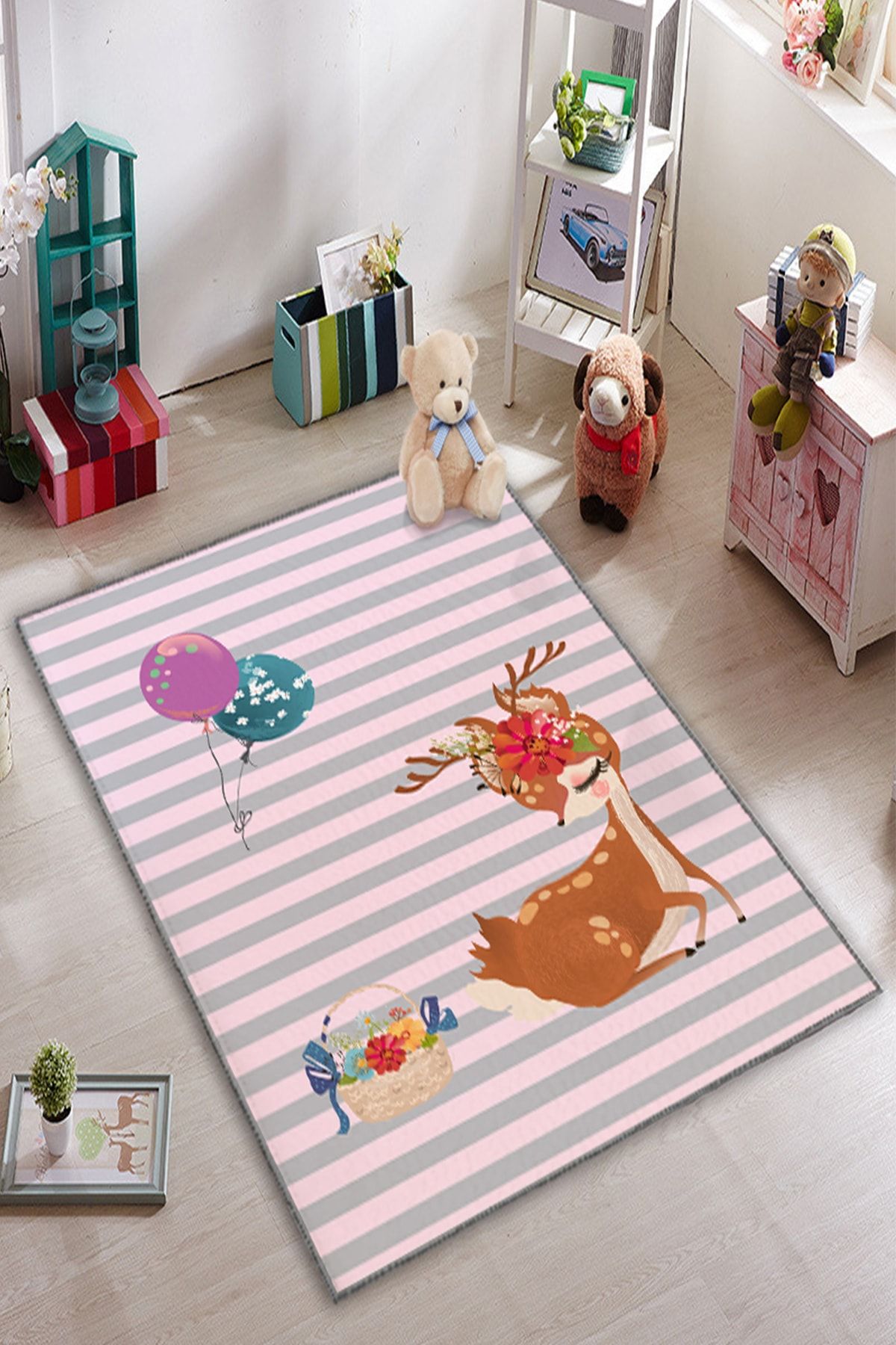 KARNAVAL HOME Pembe Süslü Geyik Çocuk Odası Halısı