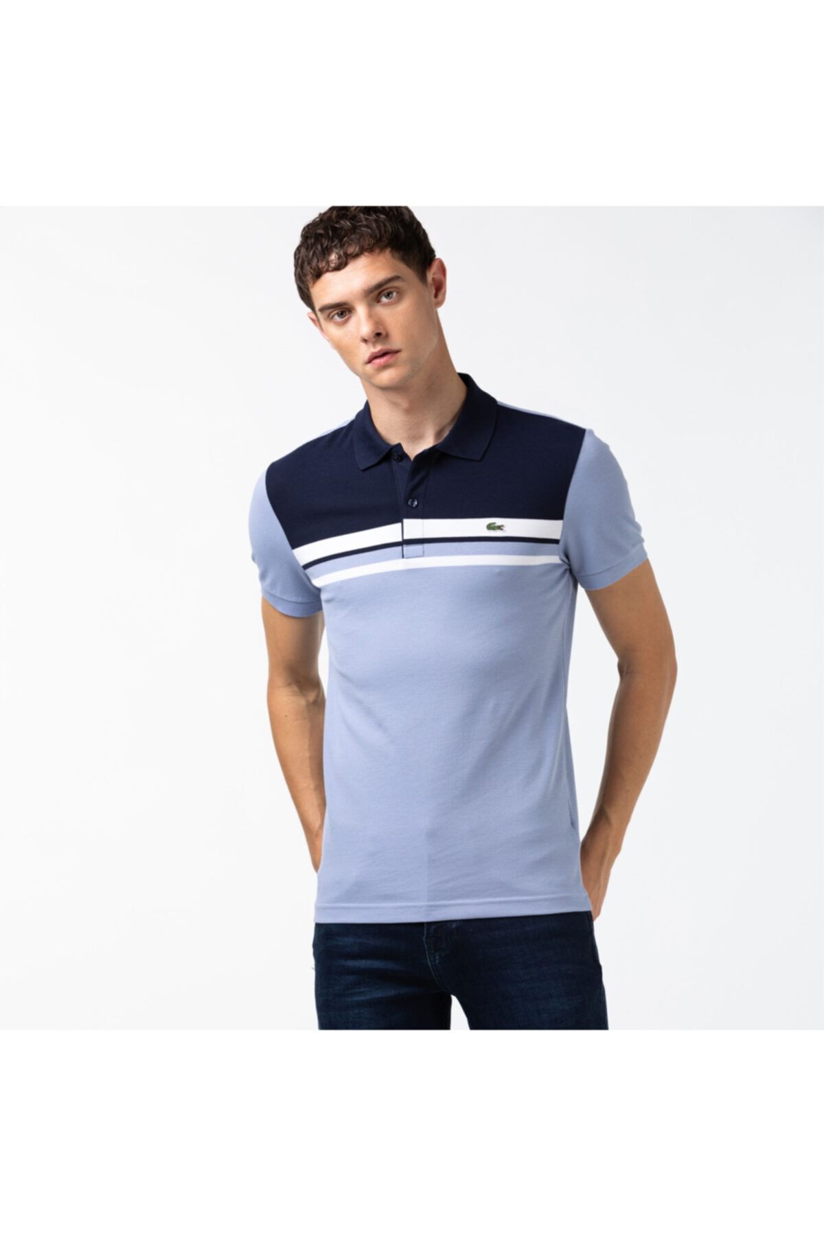 Lacoste Erkek Slim Fit Slim Fit Blok Desenli Mavi Kısa Kollu Polo PH0055
