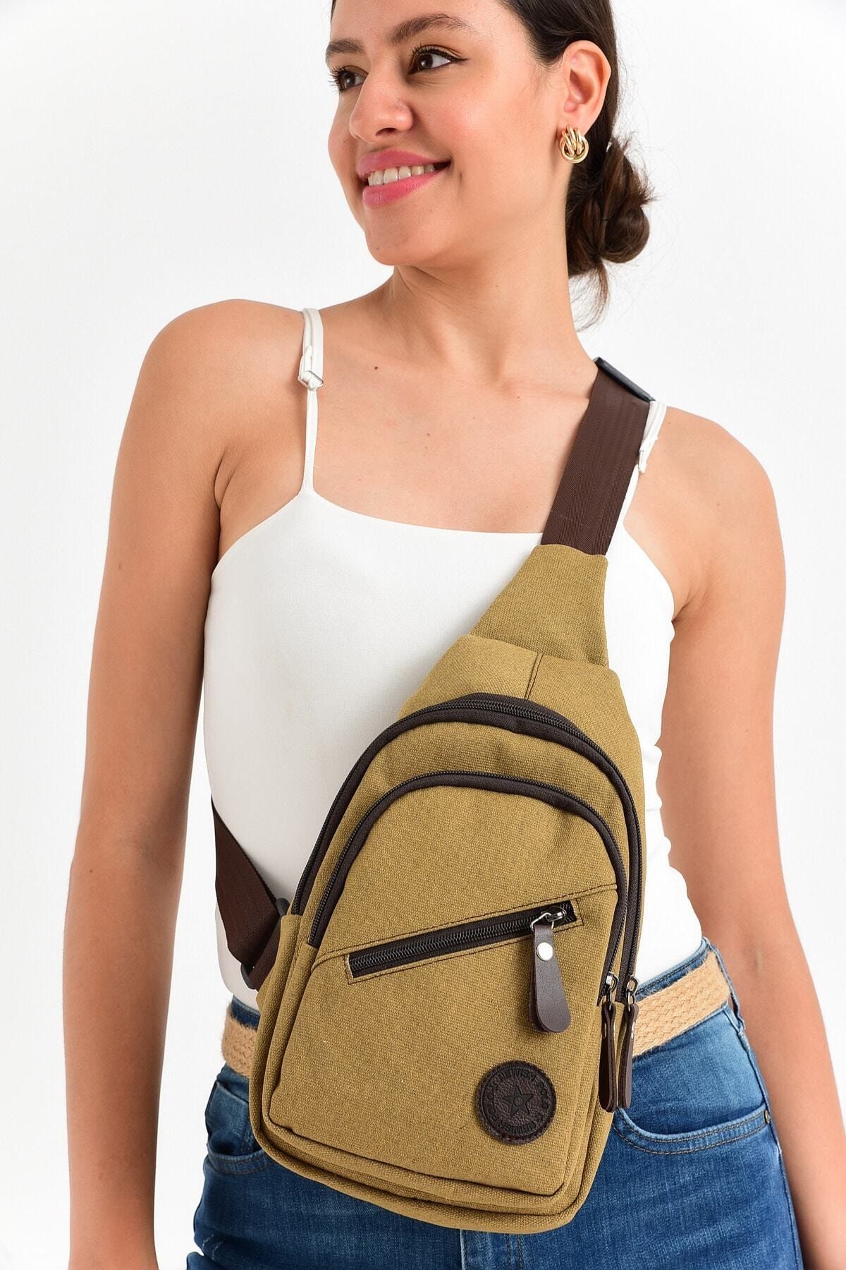Bagzone Unisex Sarı Üç Bölmeli Canvas Bel Çantası