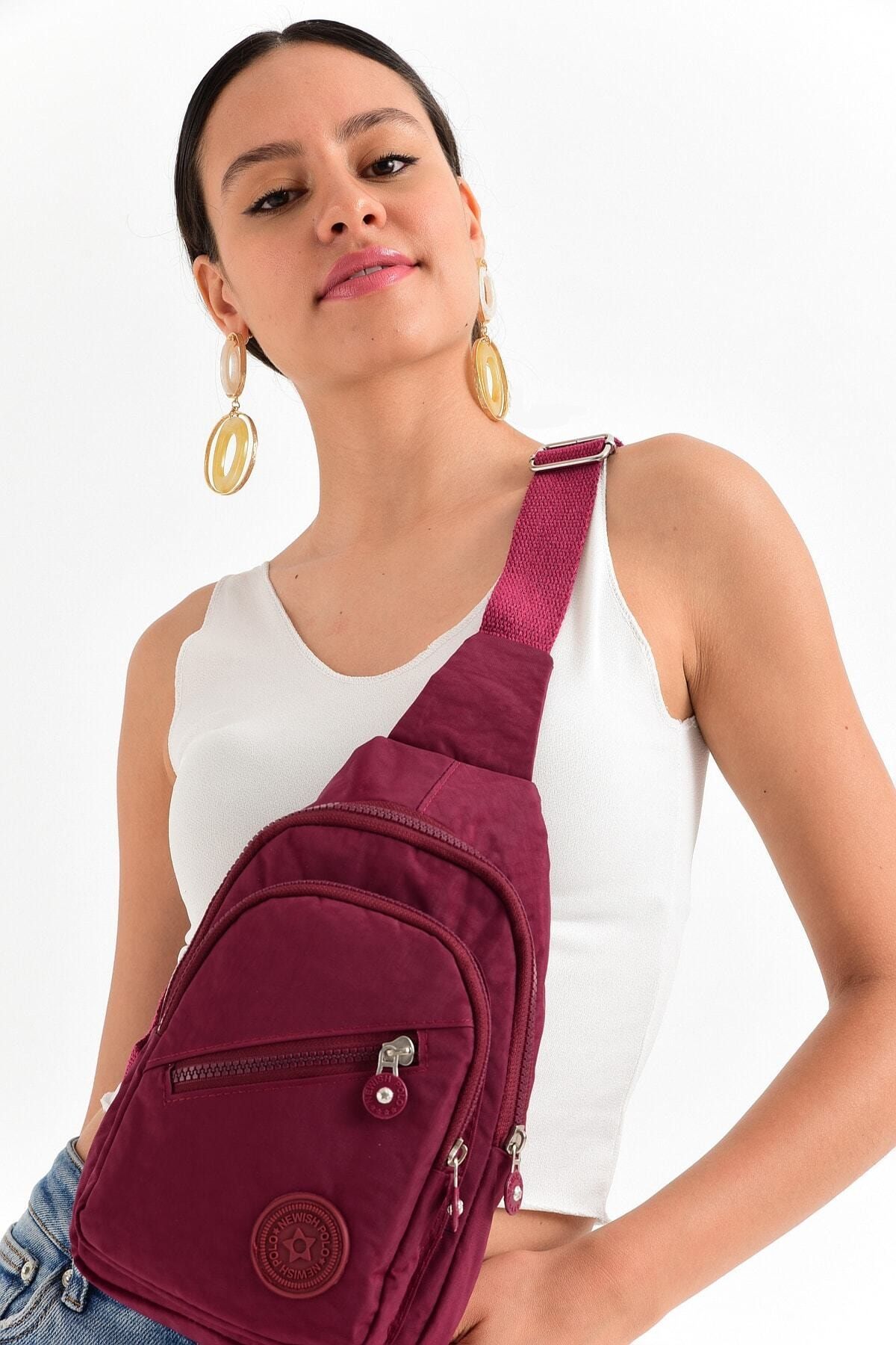 Bagzone Unisex Bordo Üç Bölmeli Kipling Kumaş Bel ÇAntası