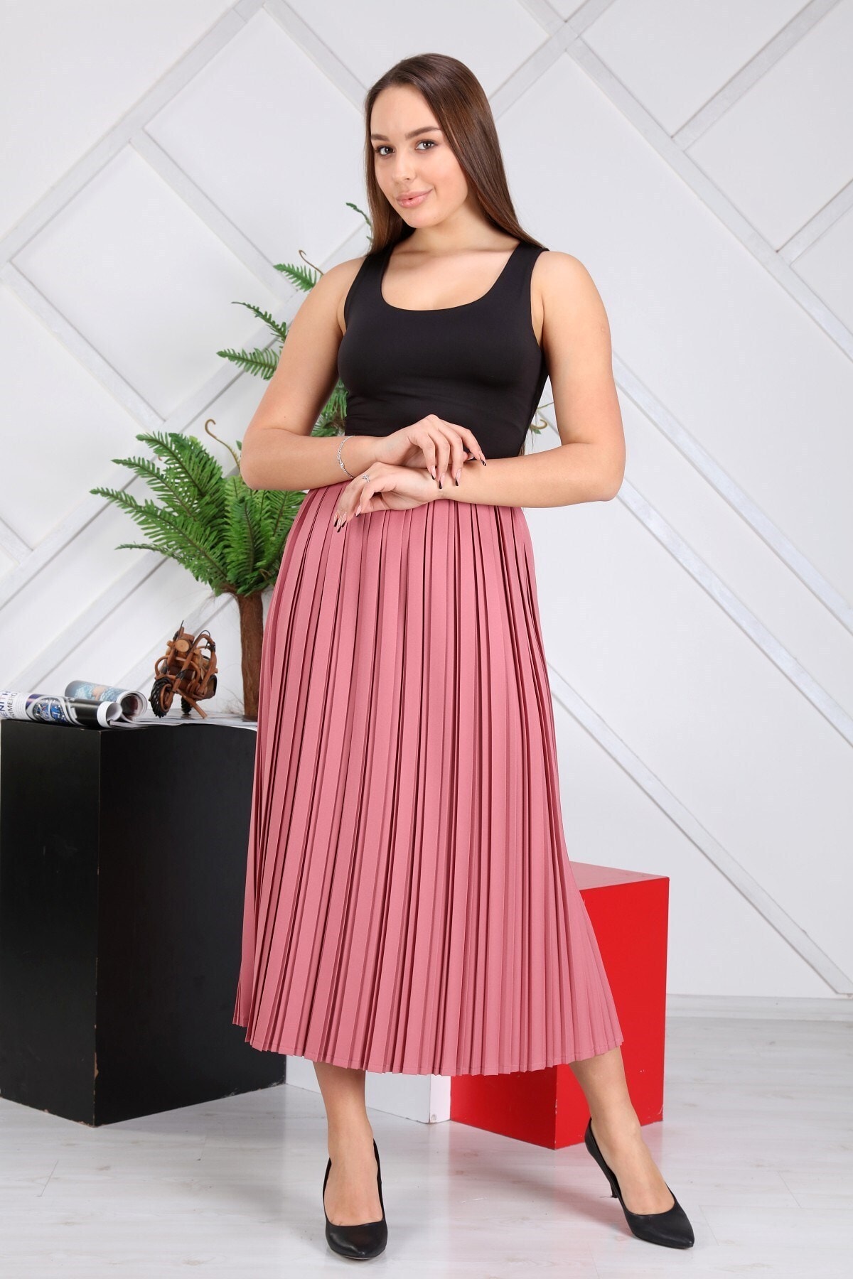 apsen Kadın Gül Kurusu Beli Lastikli Dört Mevsimlik Piliseli Uzun Tesettür Etek 2168/95