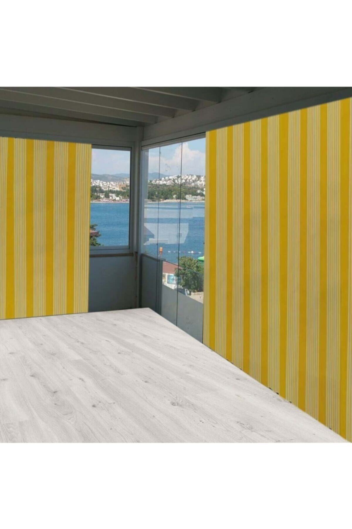 ceylan home Balkon Perdesi Sarı Beyaz Ince Çizgili 550x250