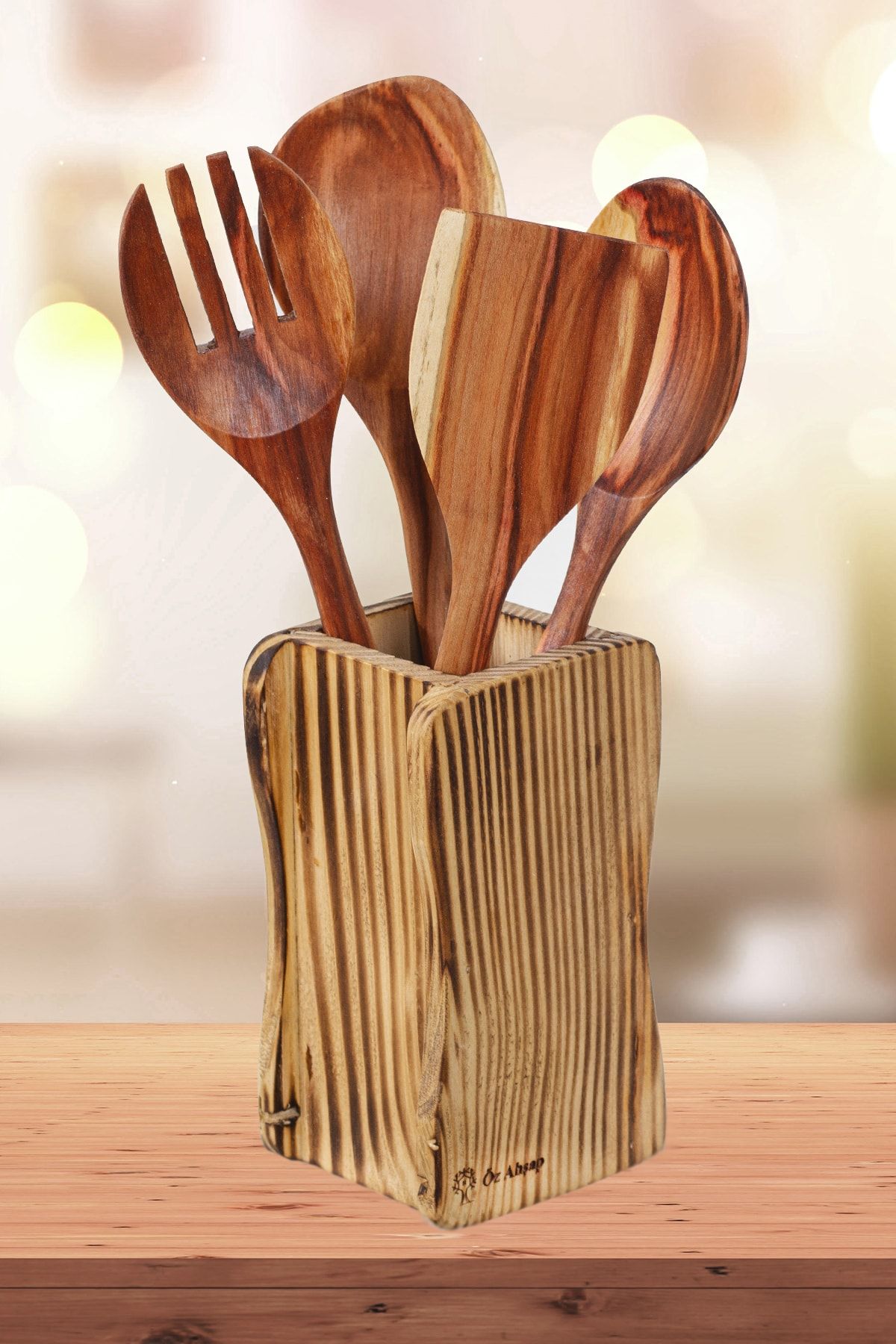 Öz ahsap Erik Ağacı 5 Parça 28 Cm Kutulu Ahşap Mutfak Seti El Yapımı Kaşık, Çatal, Spatula, Pilav Kaşığı